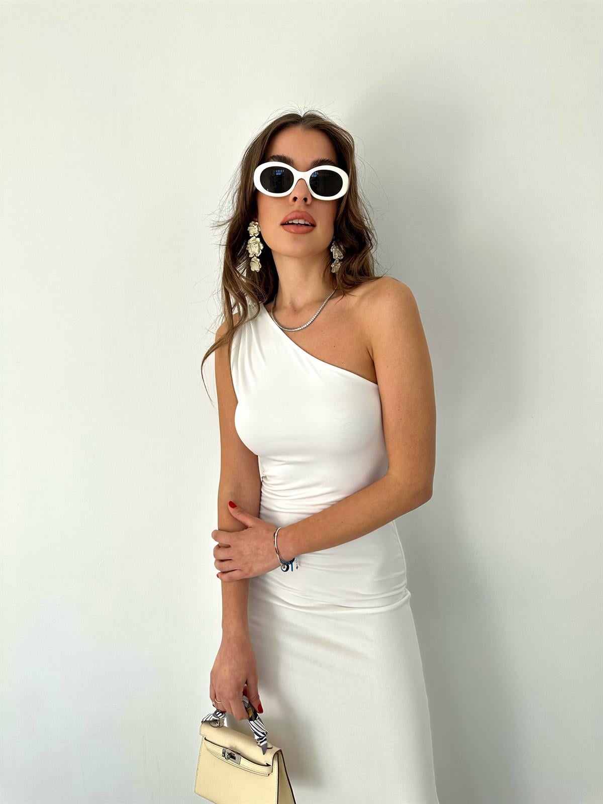 Ekru  Tek Omuz Midi Elbise