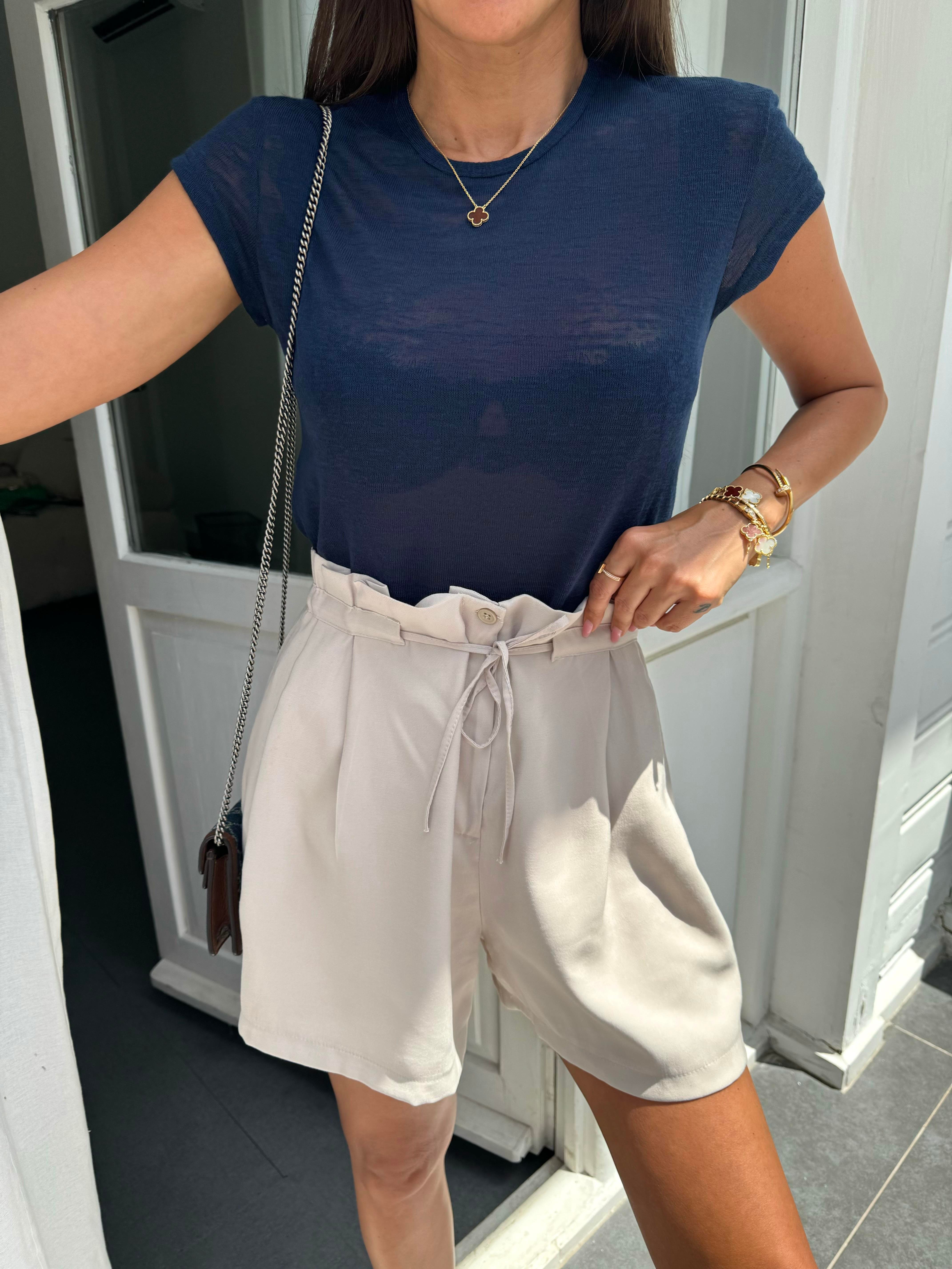 Ekru Tencel Kumaş Şort