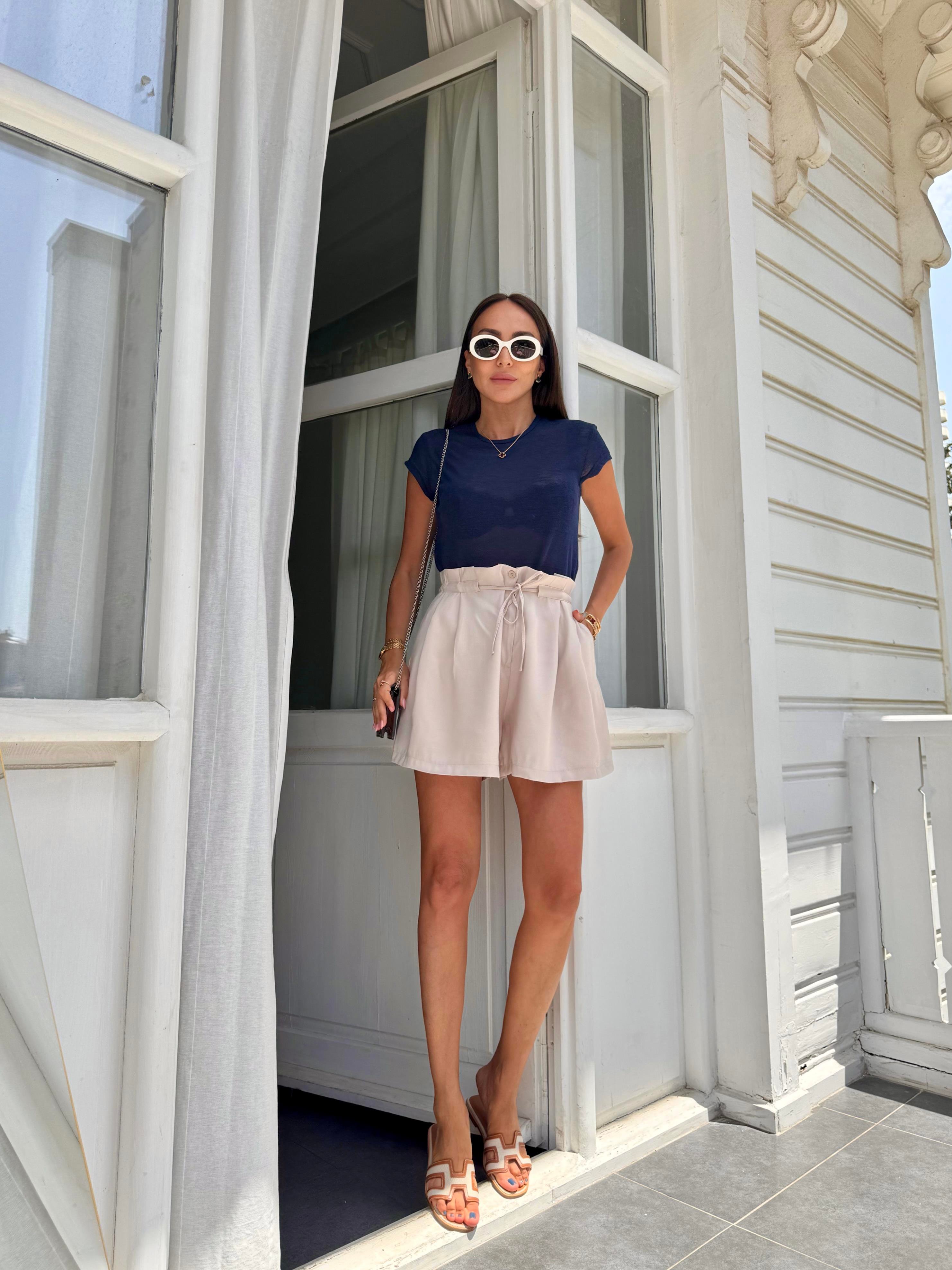 Ekru Tencel Kumaş Şort