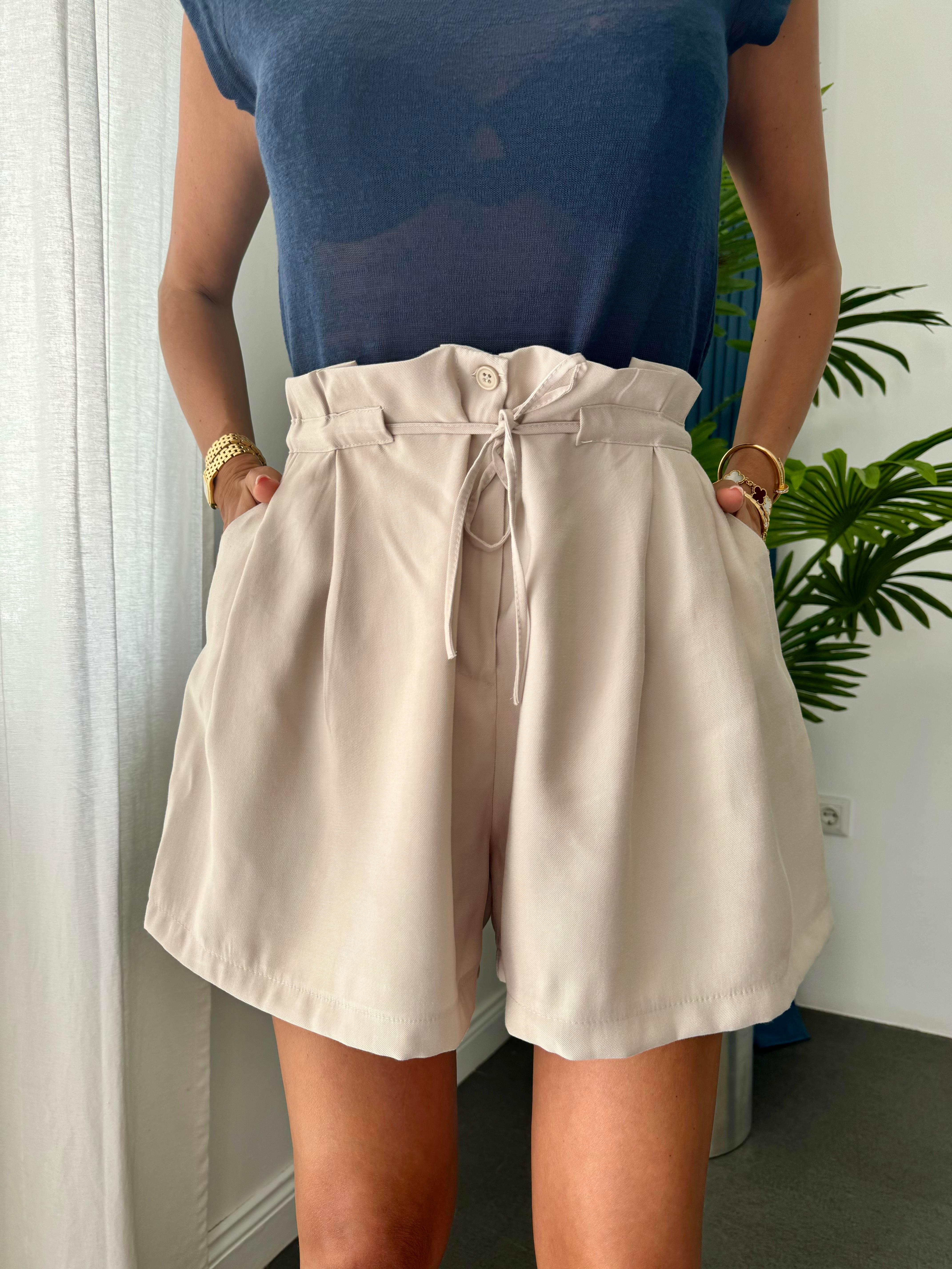 Ekru Tencel Kumaş Şort