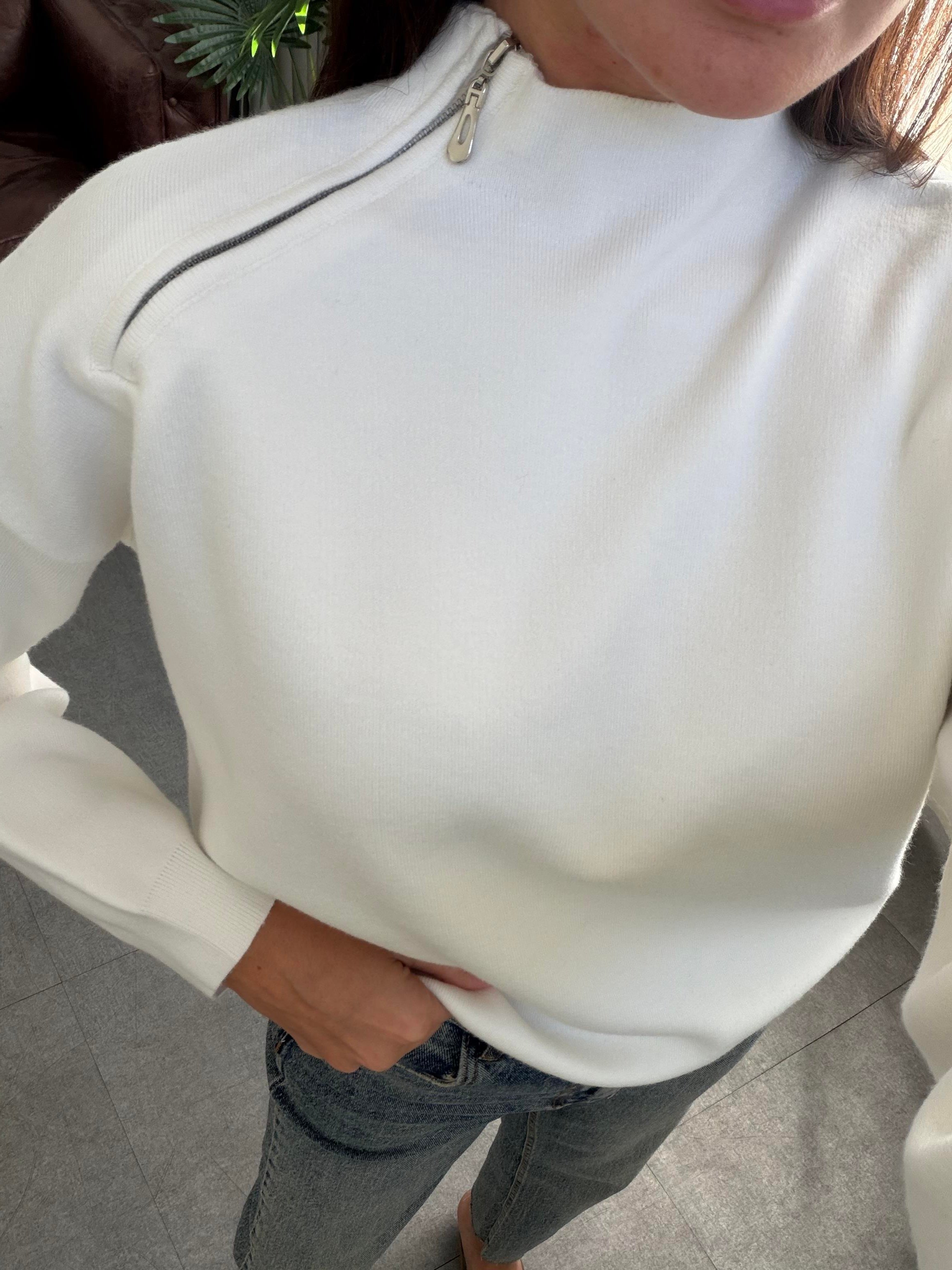 Ekru Yaka Fermuarlı Çelik Örme Triko
