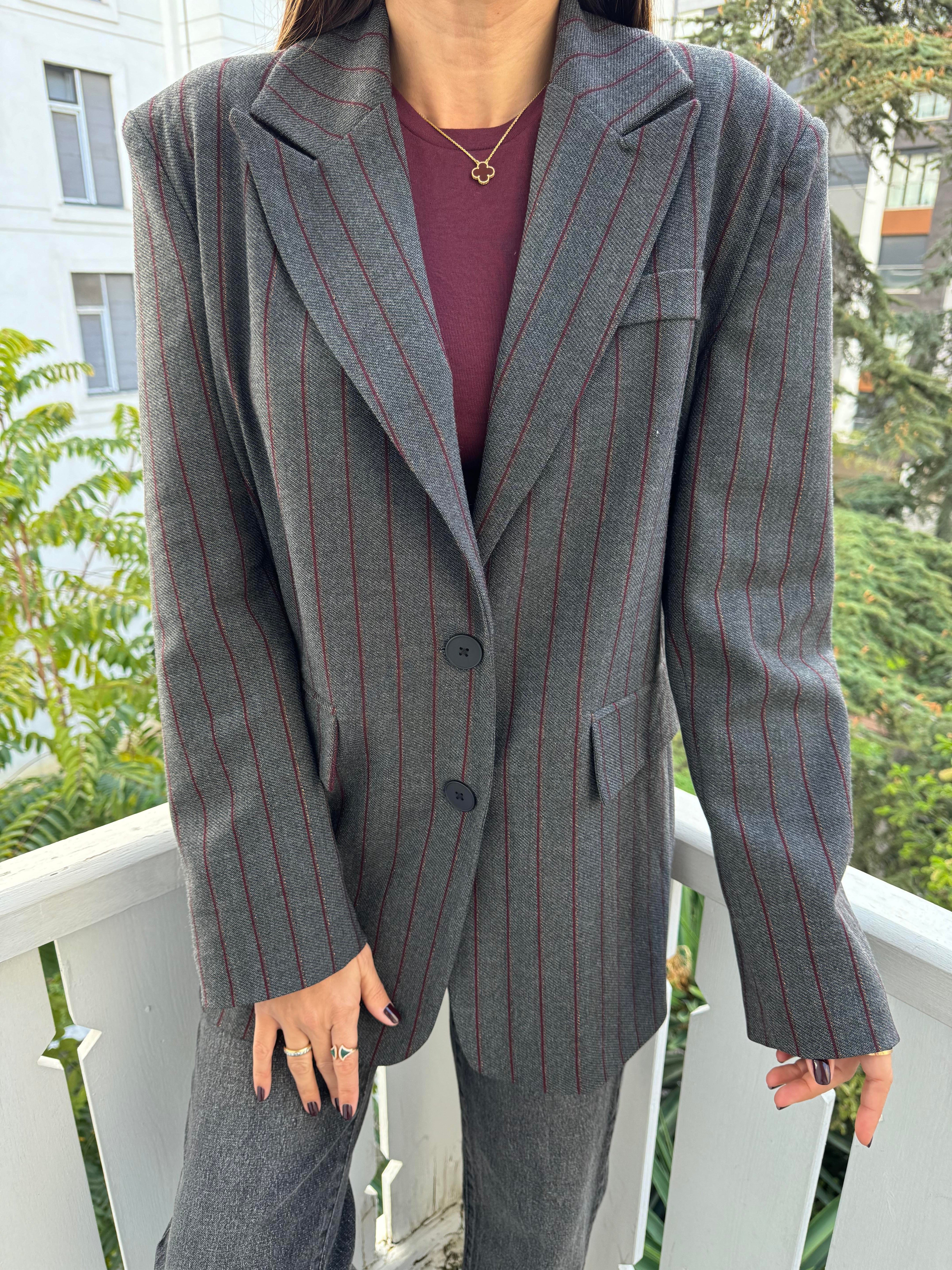 Füme-Bordo Çizgili Bol Kalıp Blazer Ceket