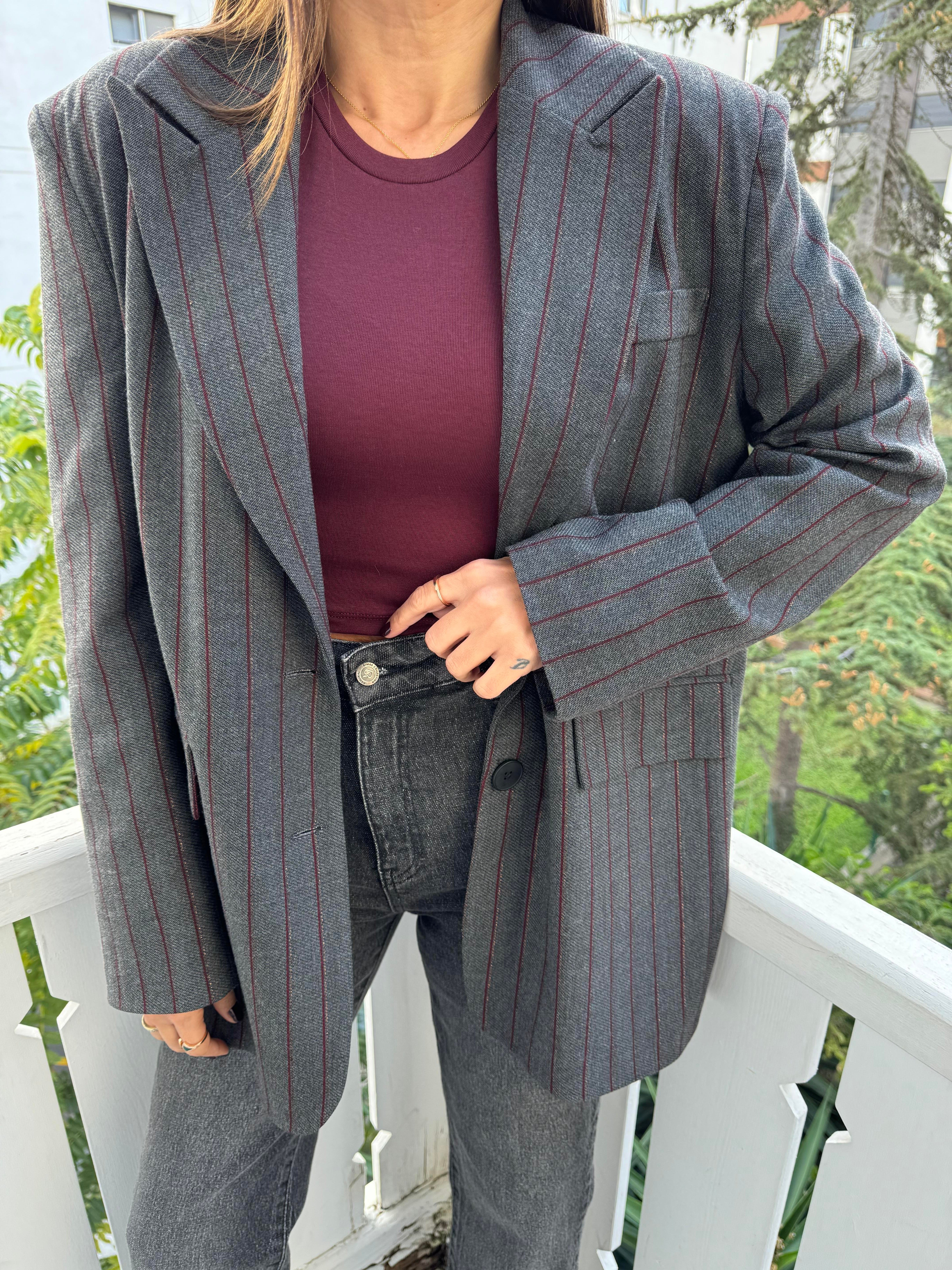 Füme-Bordo Çizgili Bol Kalıp Blazer Ceket