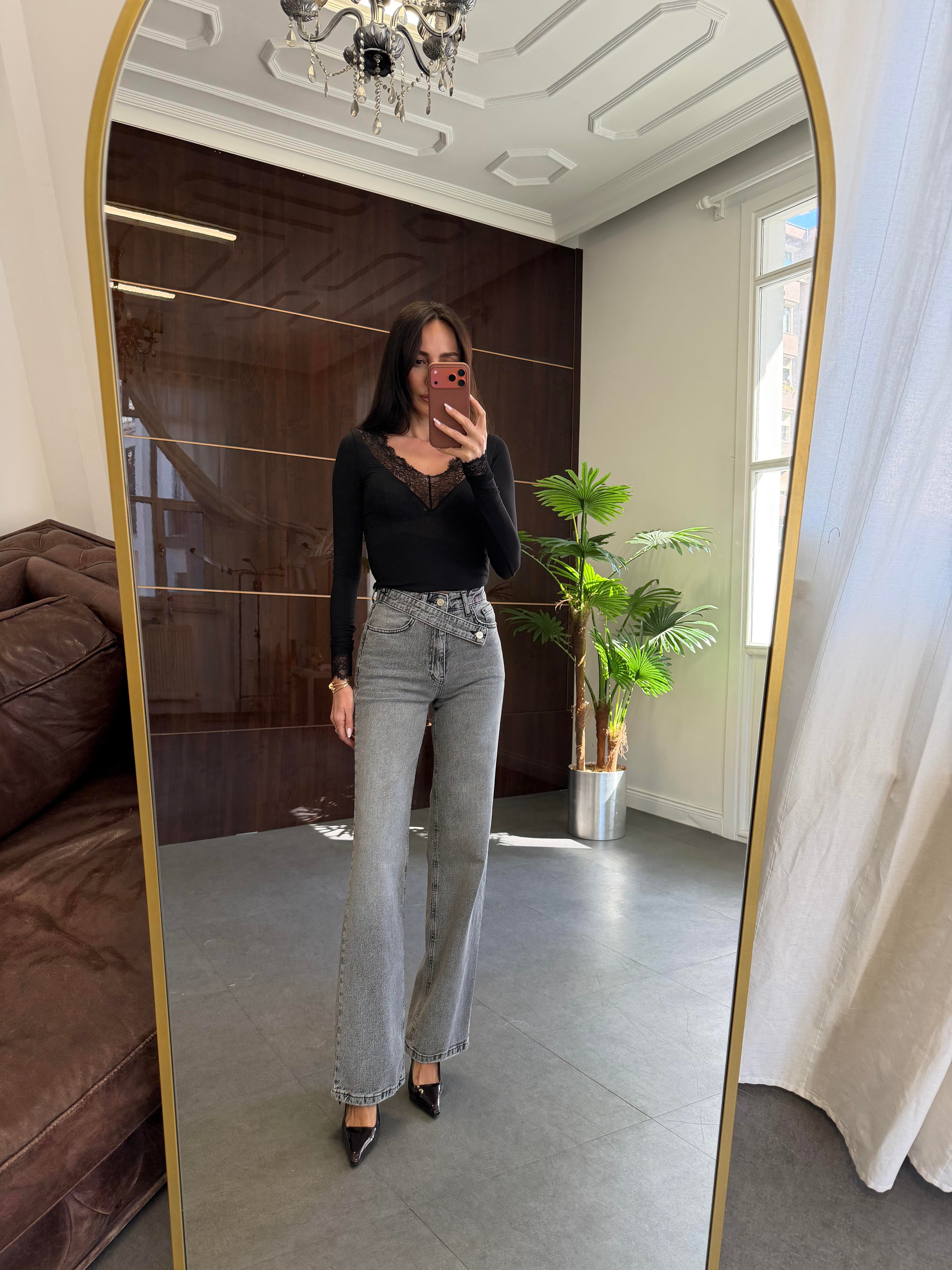 Füme Düğme Detaylı Jean Pantolon