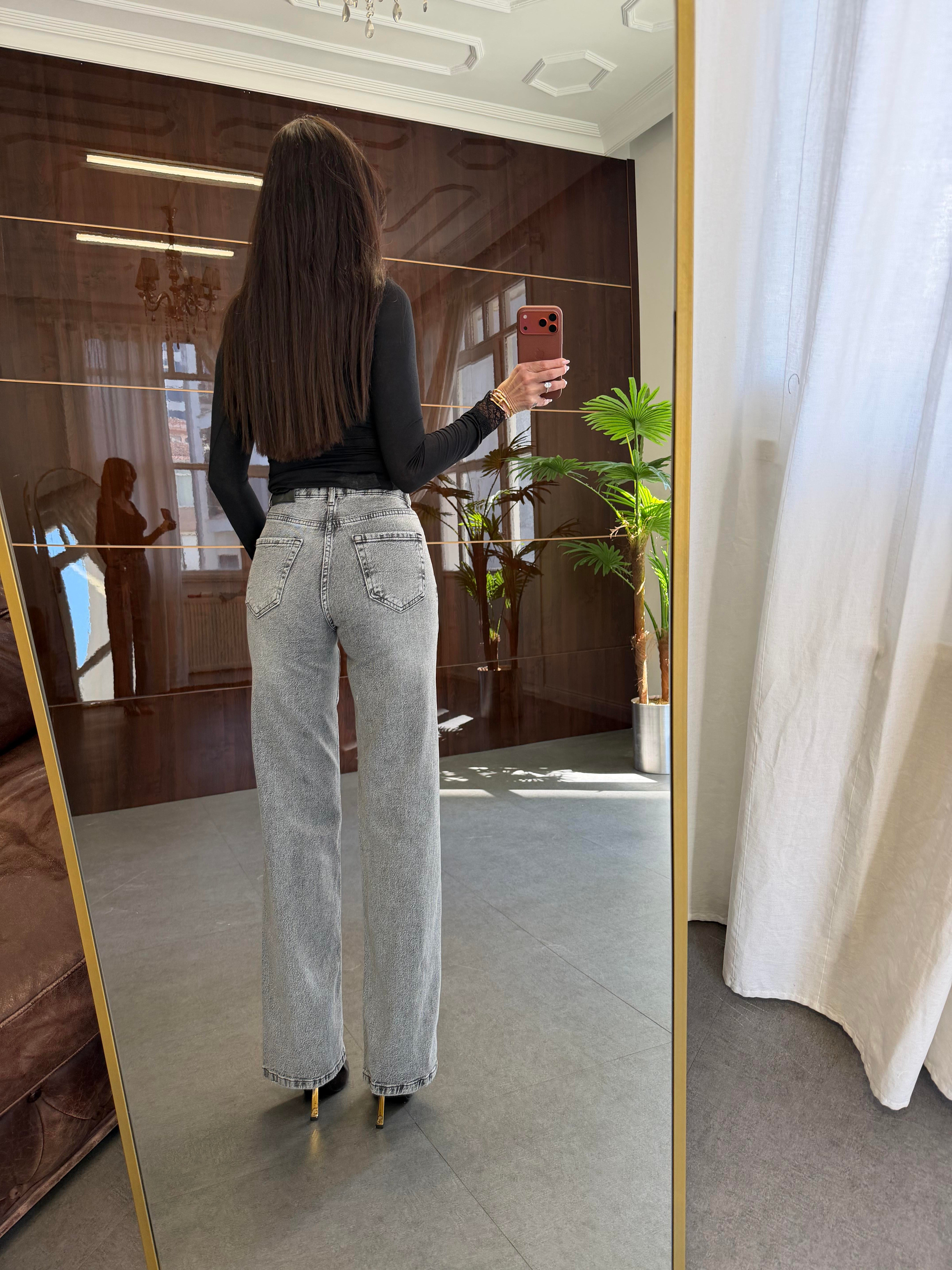 Füme Düğme Detaylı Jean Pantolon