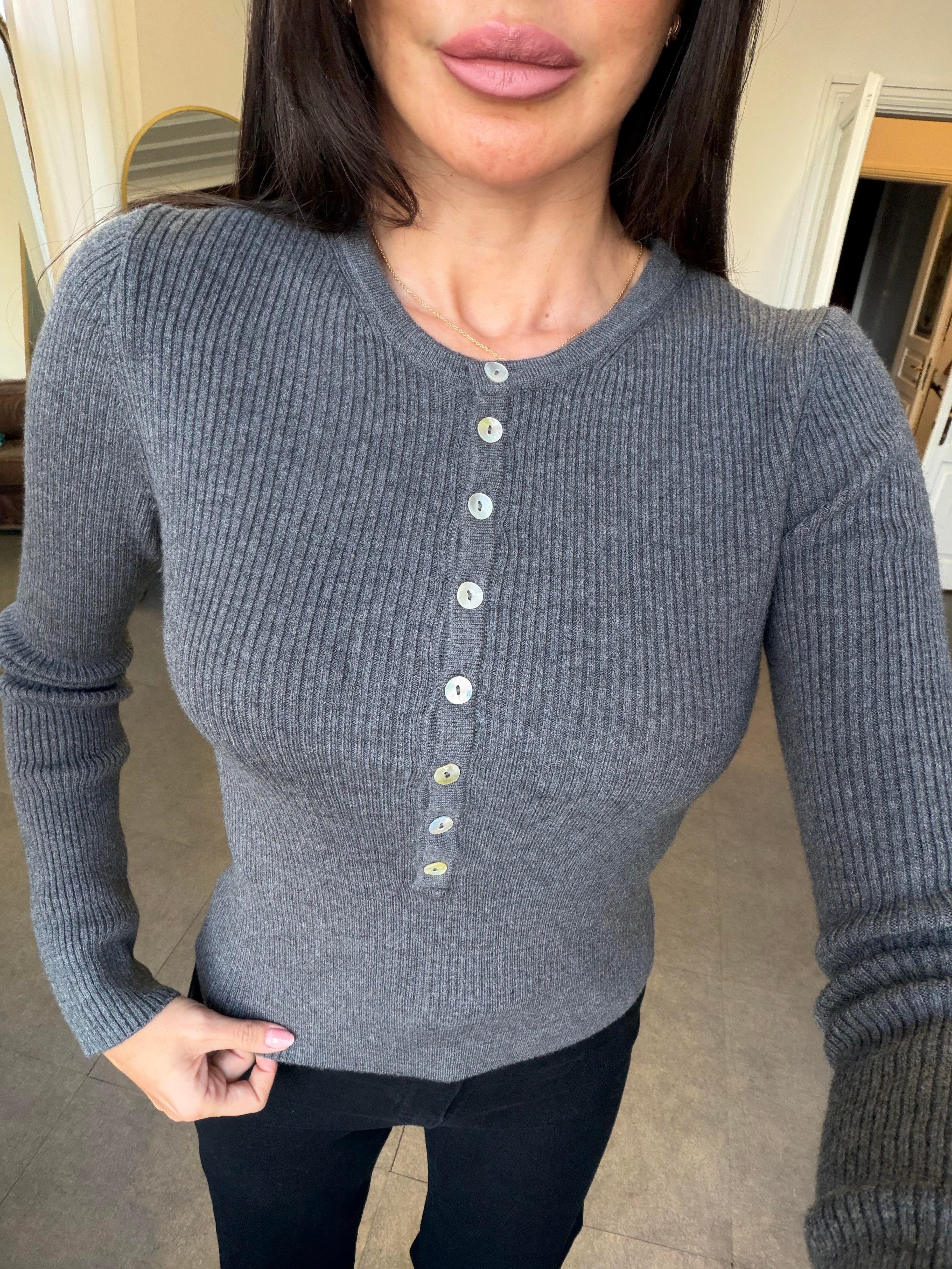 Füme Melanj Bisiklet Yaka Yünlü Düğmeli Triko Kazak