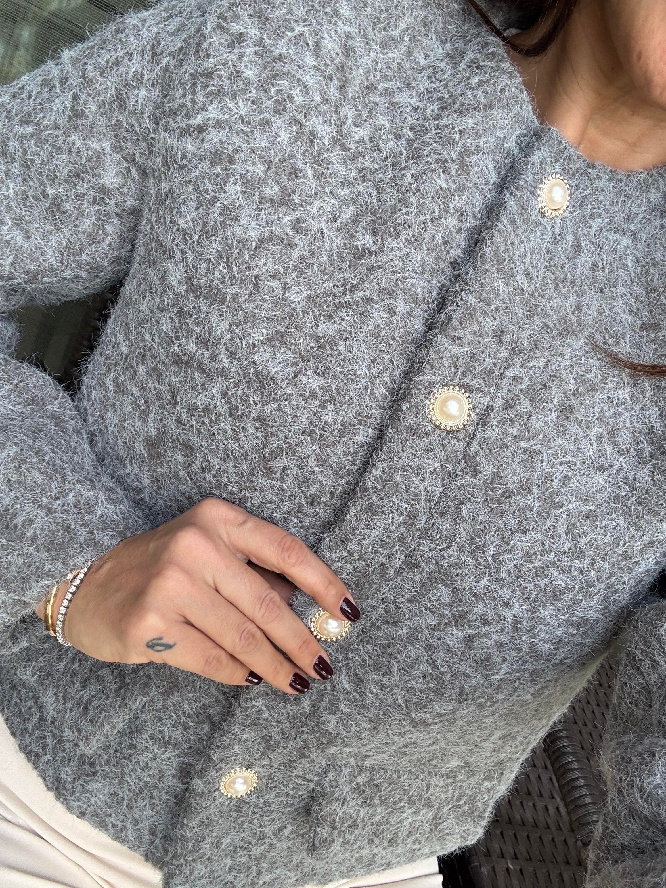 Füme Melanj İnci Düğmeli Astarlı Ceket