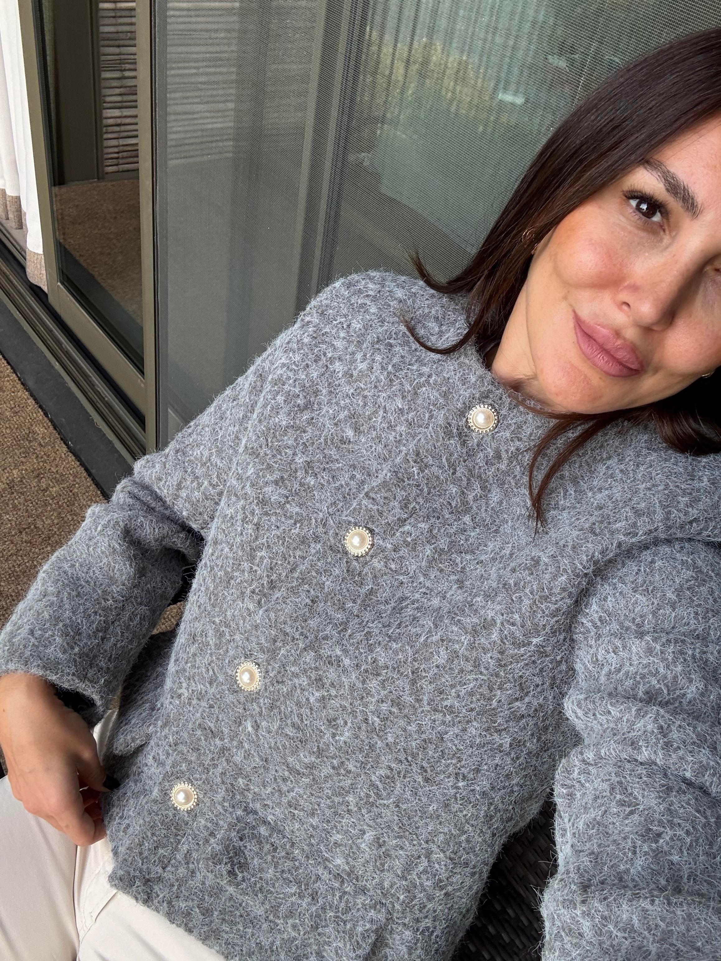 Füme Melanj İnci Düğmeli Astarlı Ceket