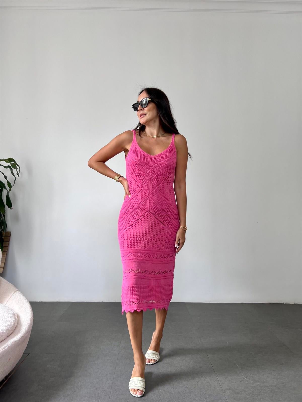 Fuşya Ekru Ön Arka V Kesimli Romantic Stil Örgü Elbise