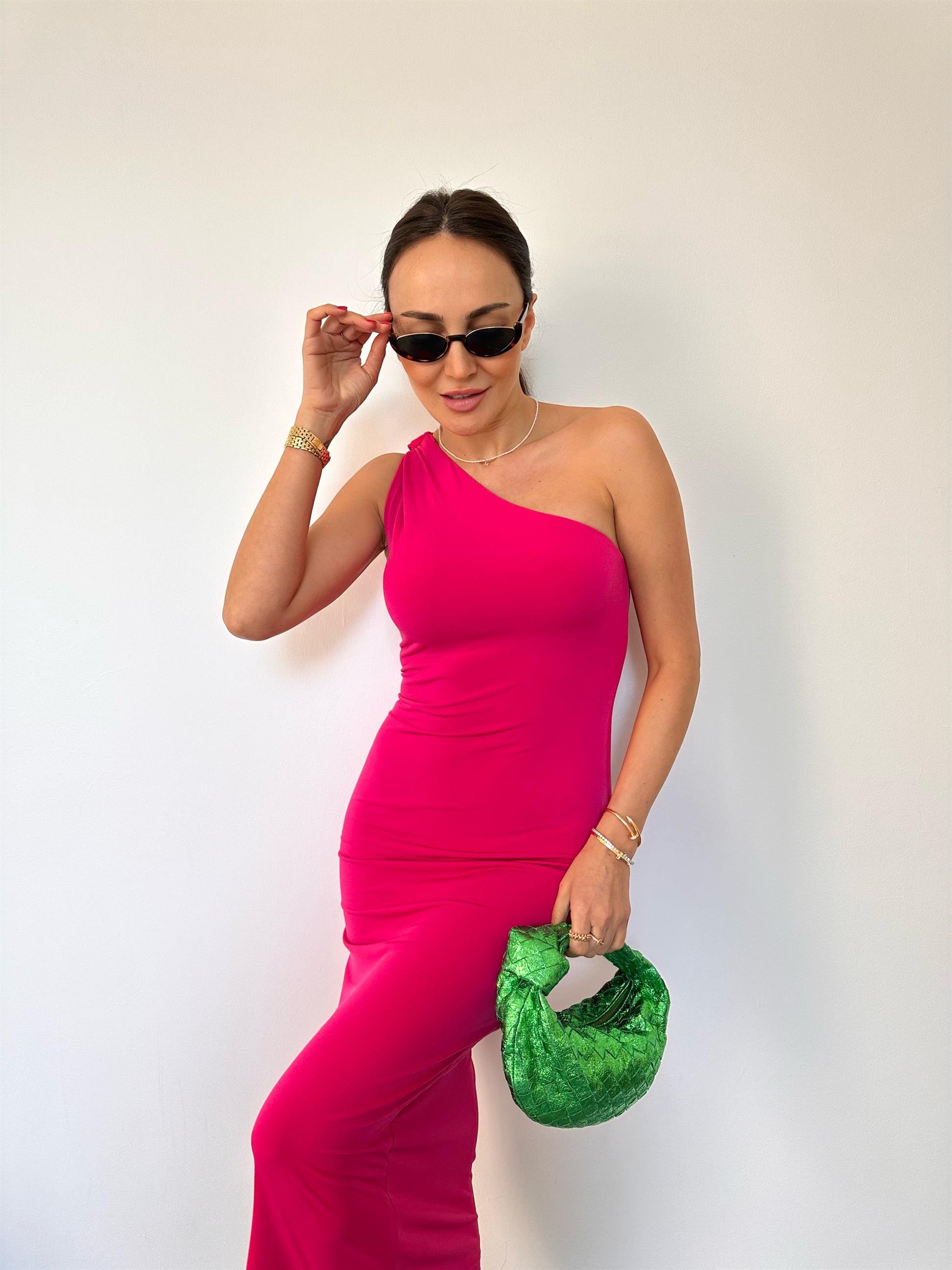 Fuşya  Tek Omuz Midi Elbise