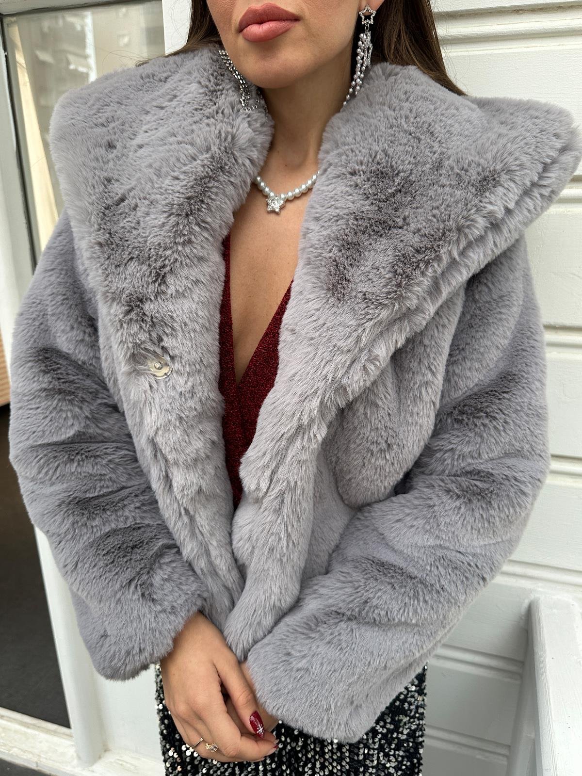 Gri Astarlı Peluş Kürk Ceket