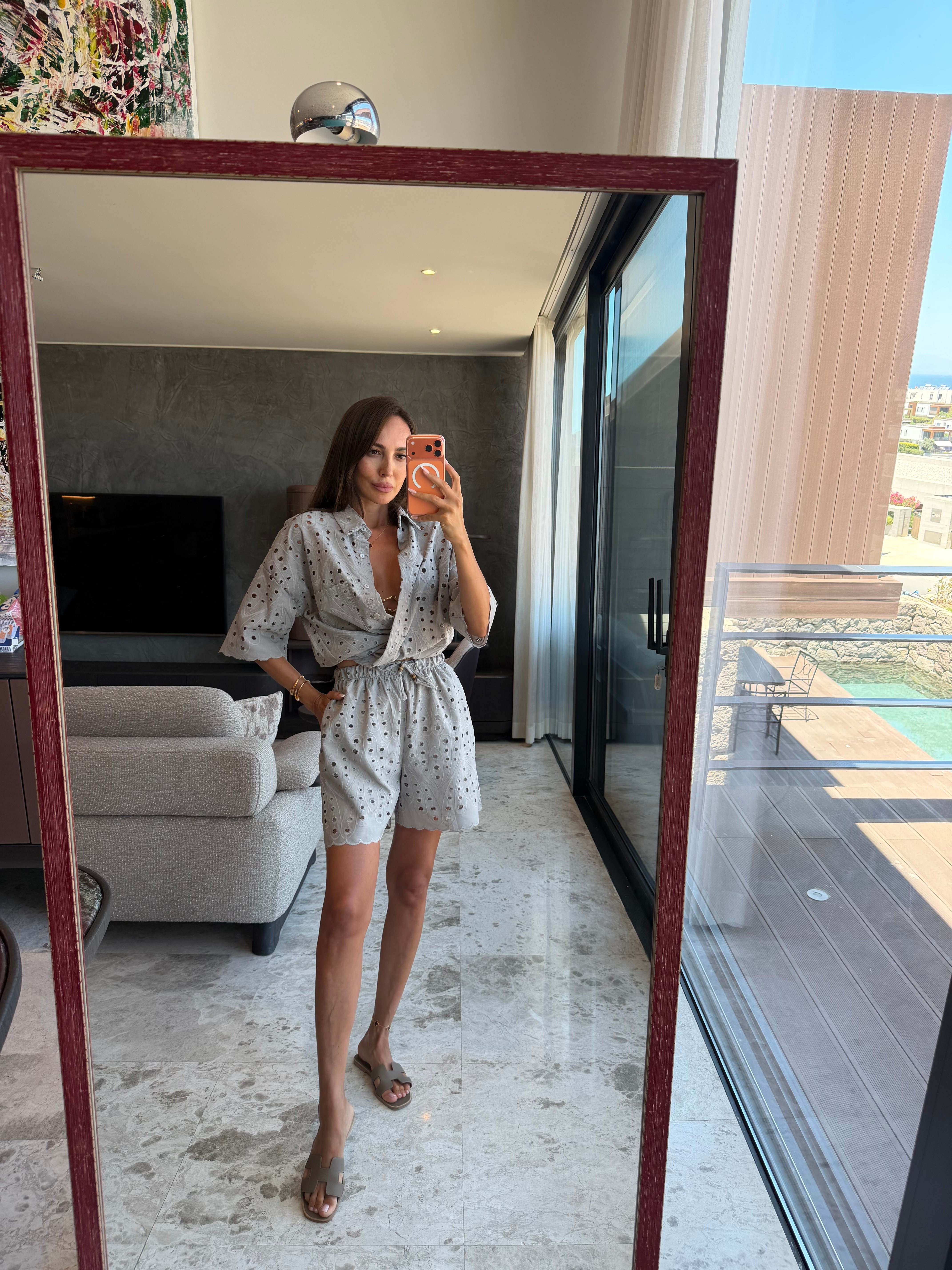 Gri Brode Şortlu Takım