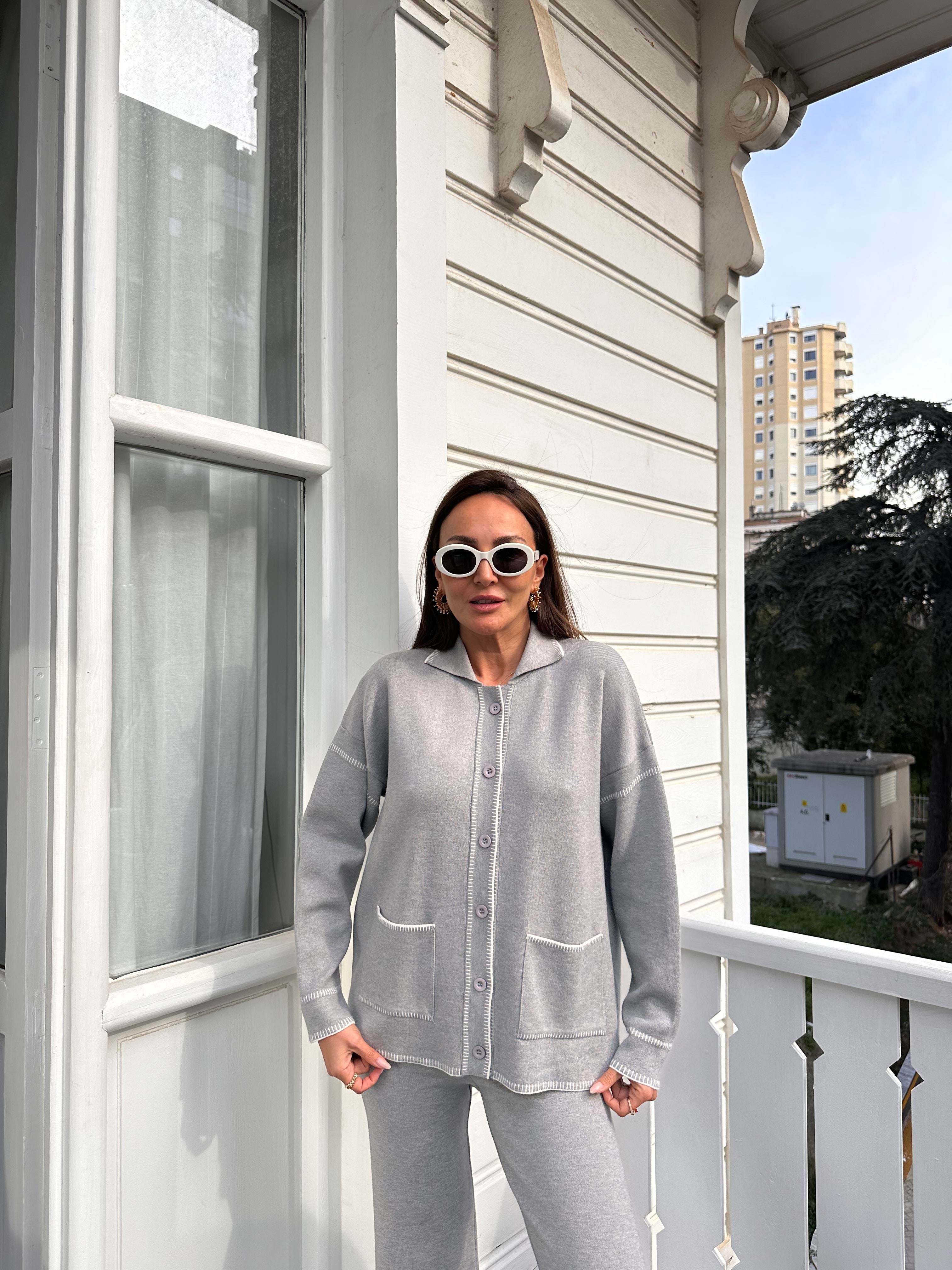 Gri Çoban Dikişli Pantolon Takım