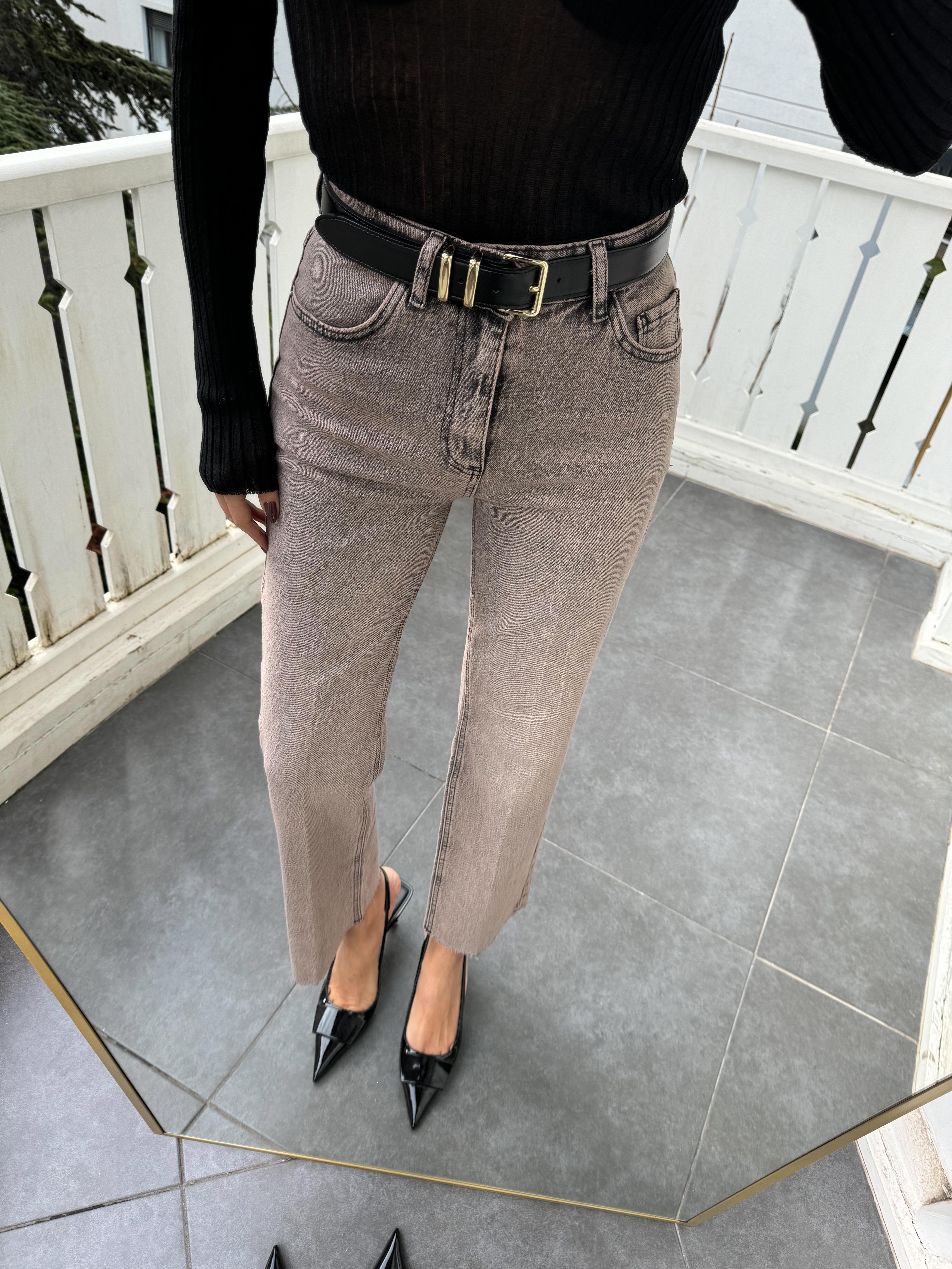 Gri-Kahve Yıkamalı Düz Kesim Jean Pantolon