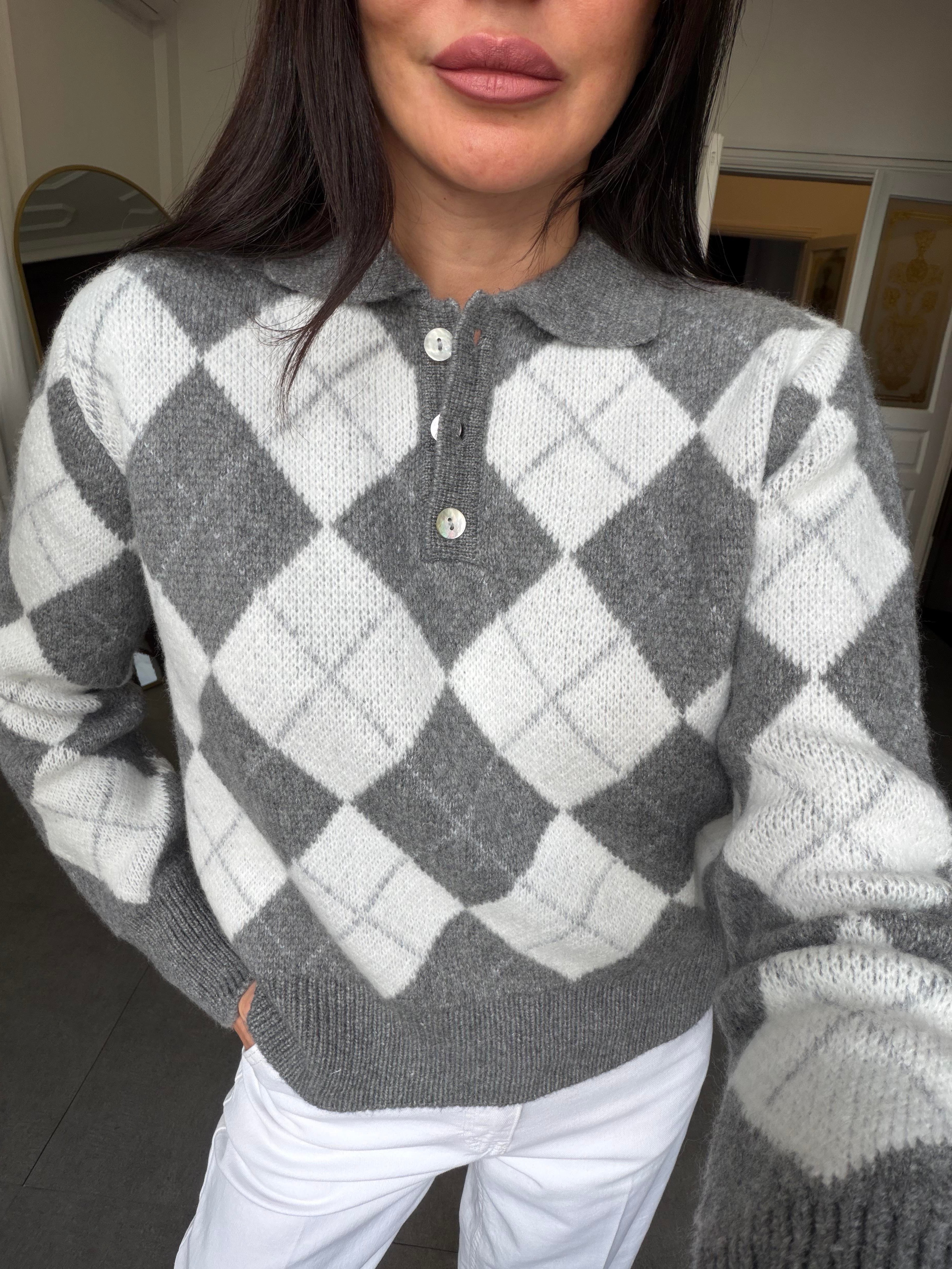 Gri-Kemik Triko Atkılı Kazak