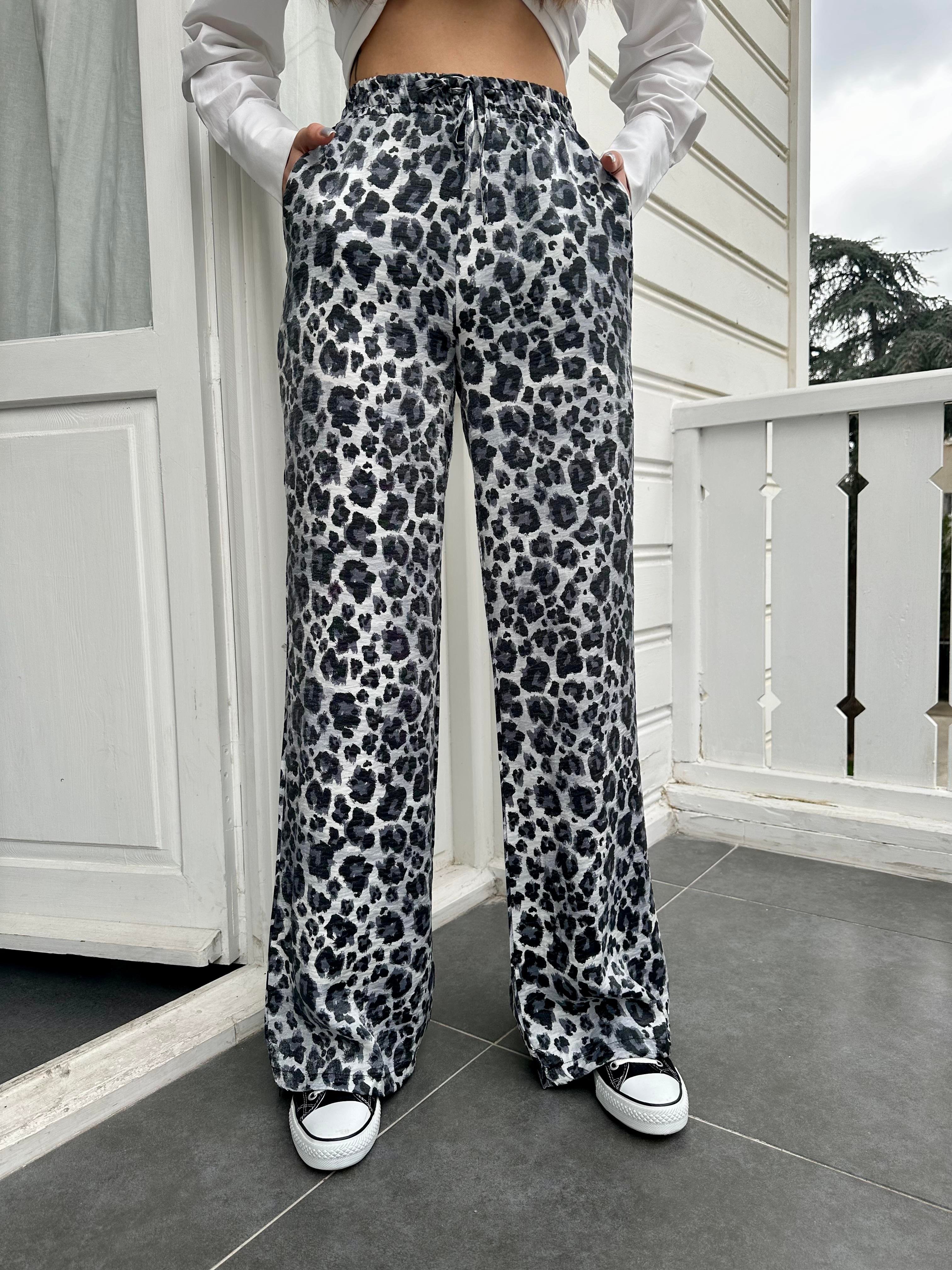 Gri Leopar Saten Pantolon