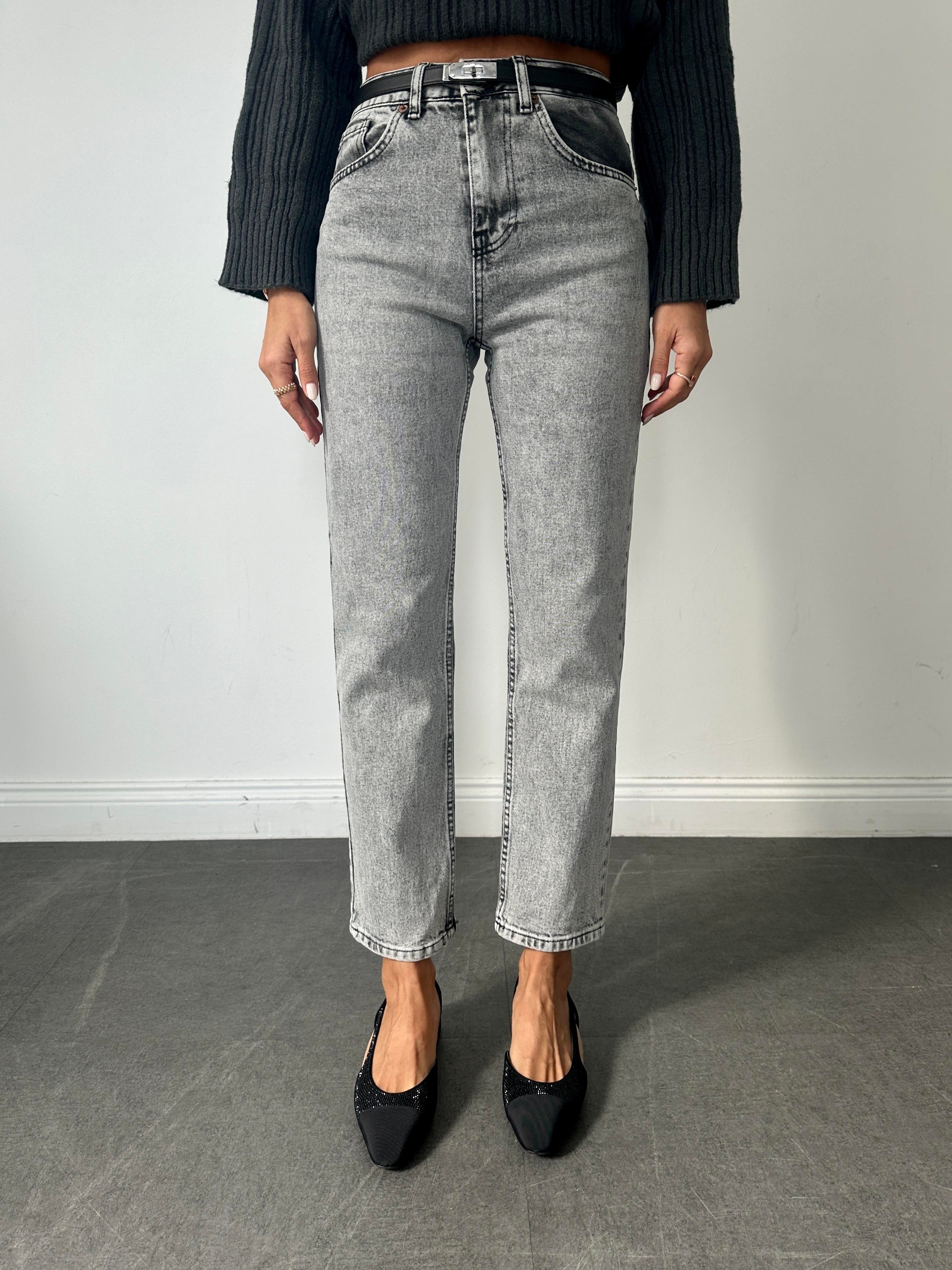 Gri Mom Fit Jean Pantolon