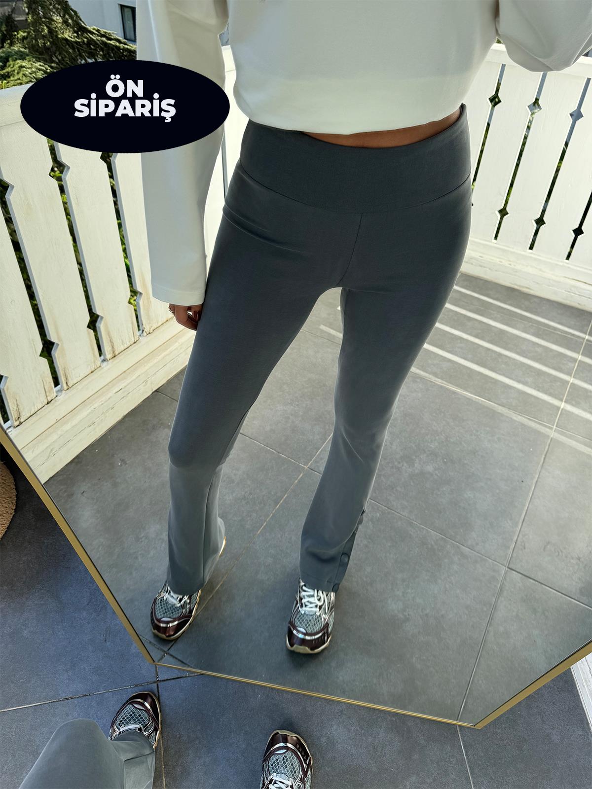 Gri Paçası Çıtçıtlı Yoga Tayt