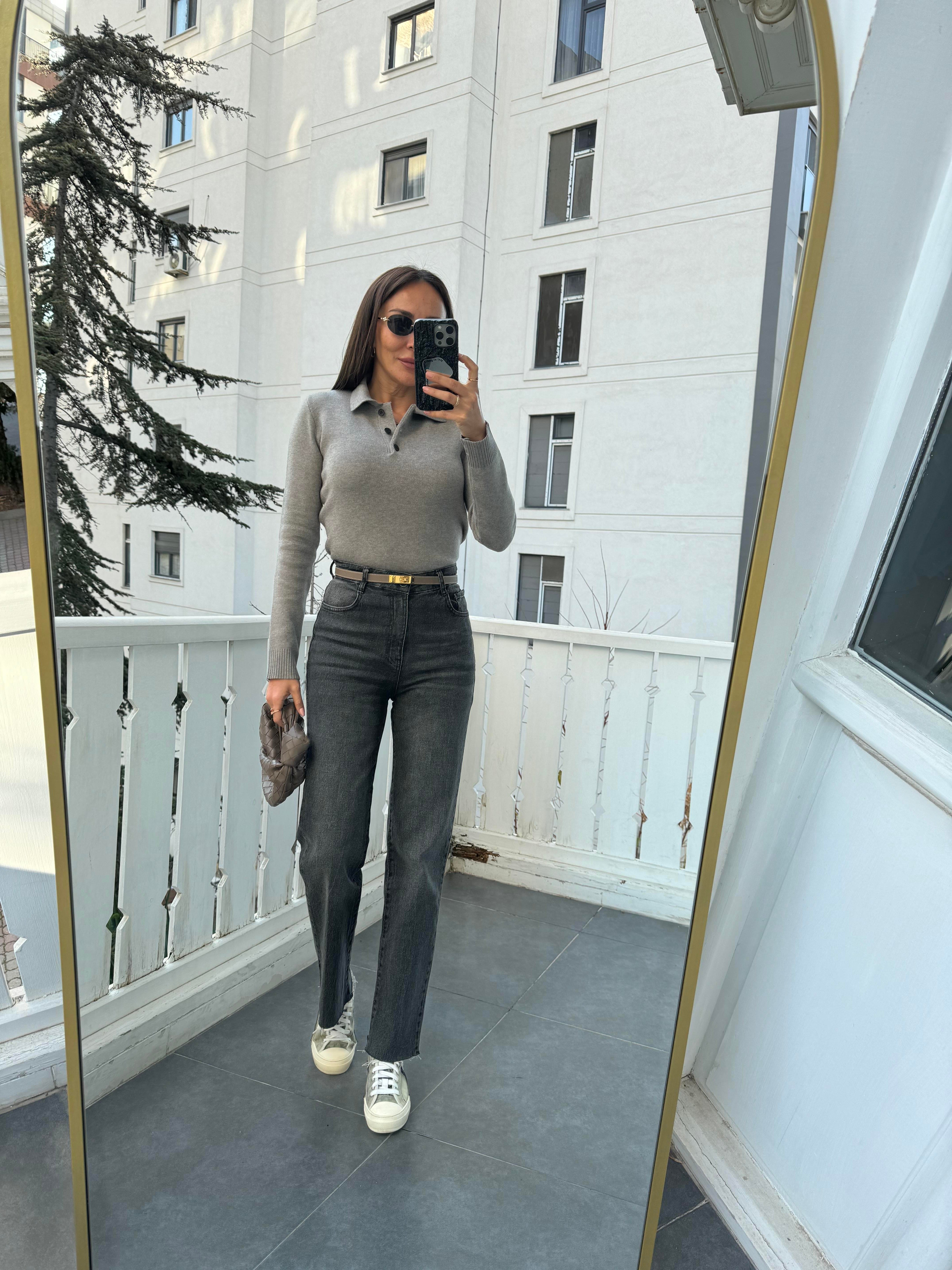 Gri Polo Yaka 3 Düğmeli Kazak