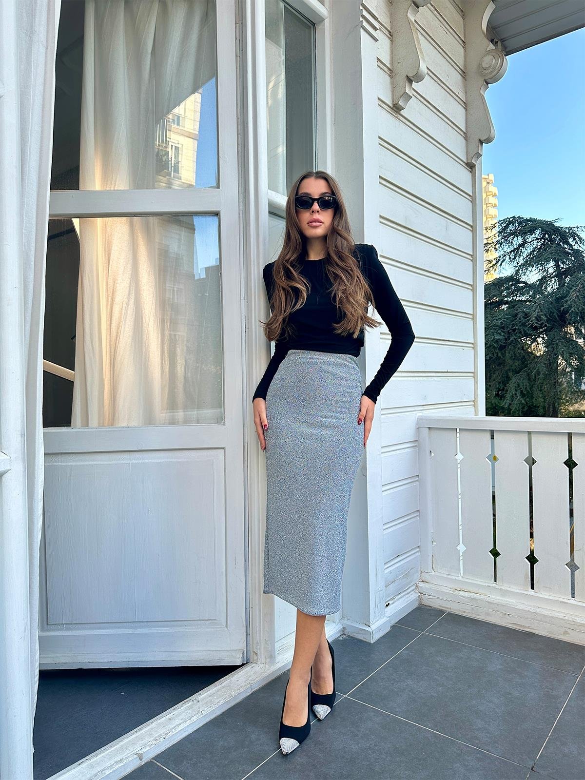 Gri Simli Lastik Kalem Etek