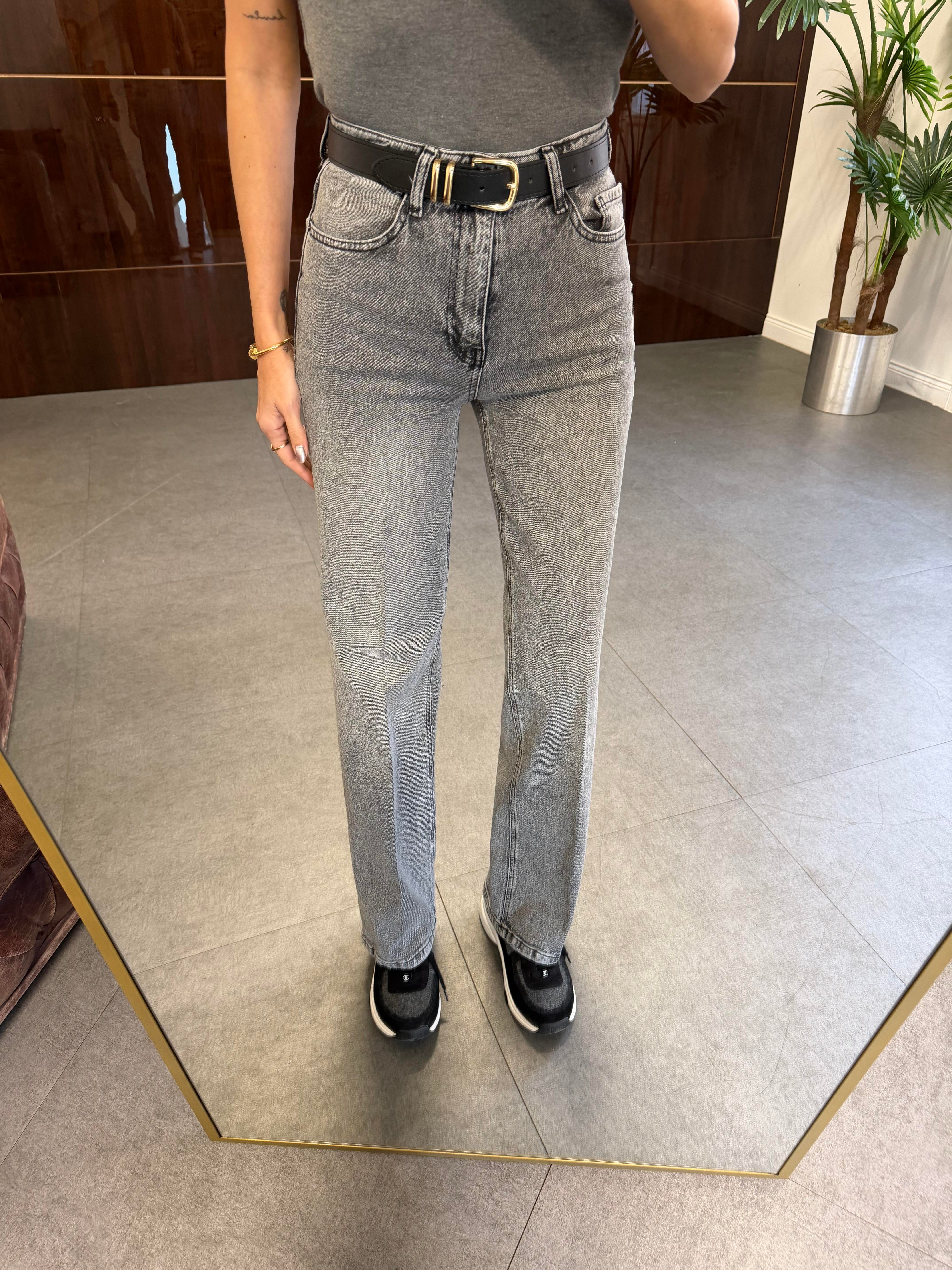 Gri Ütü İzli Wide Leg Jean Pantolon