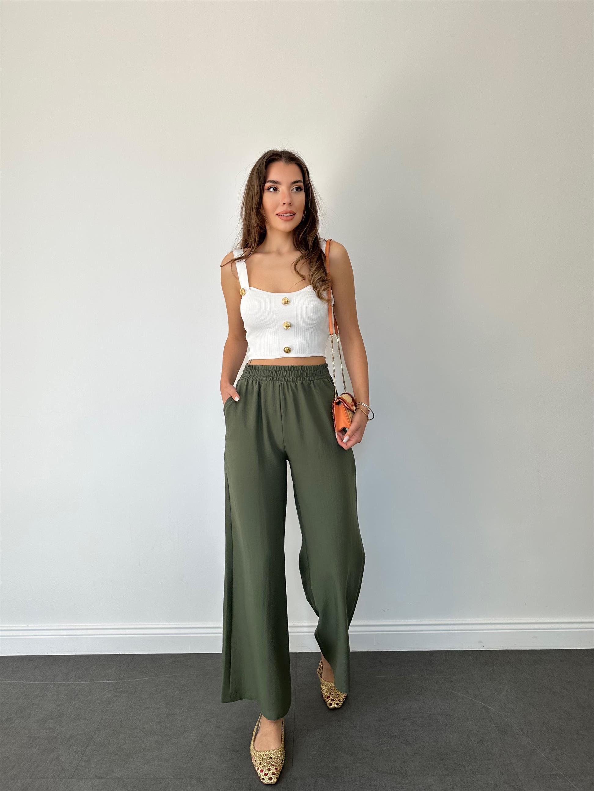 Haki  Beli Lastikli Geniş Paça Pantolon