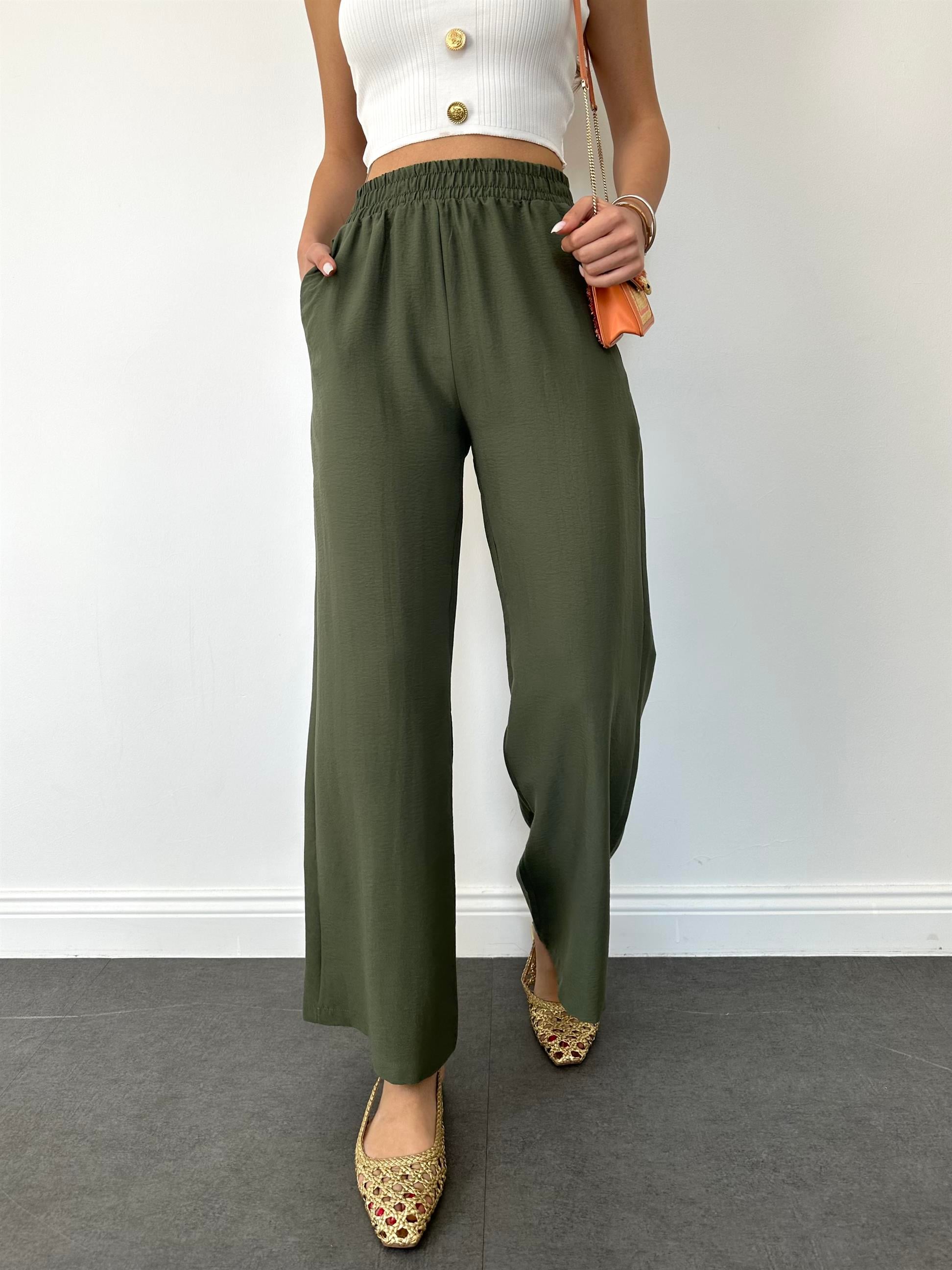 Haki  Beli Lastikli Geniş Paça Pantolon