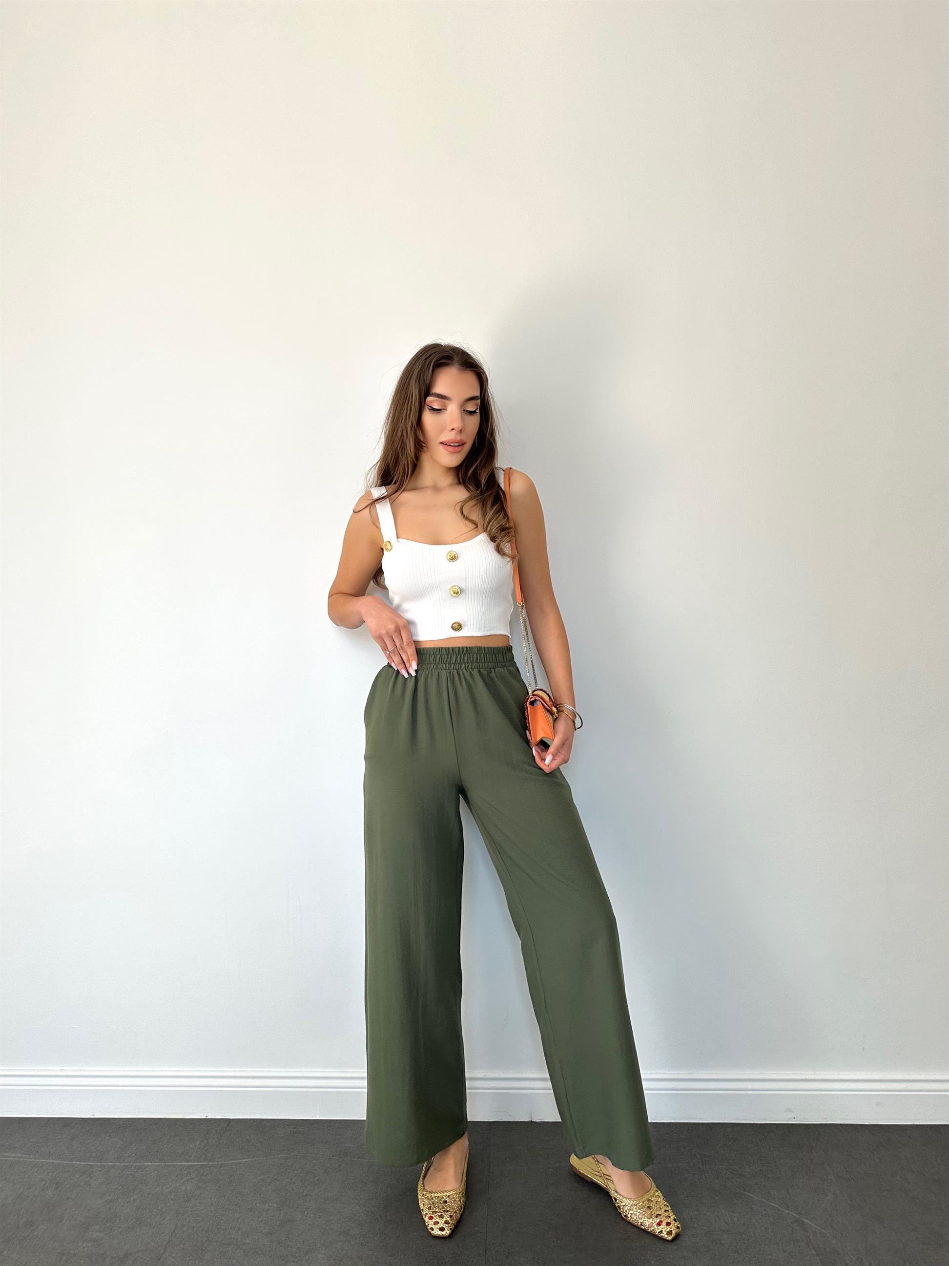 Haki  Beli Lastikli Geniş Paça Pantolon