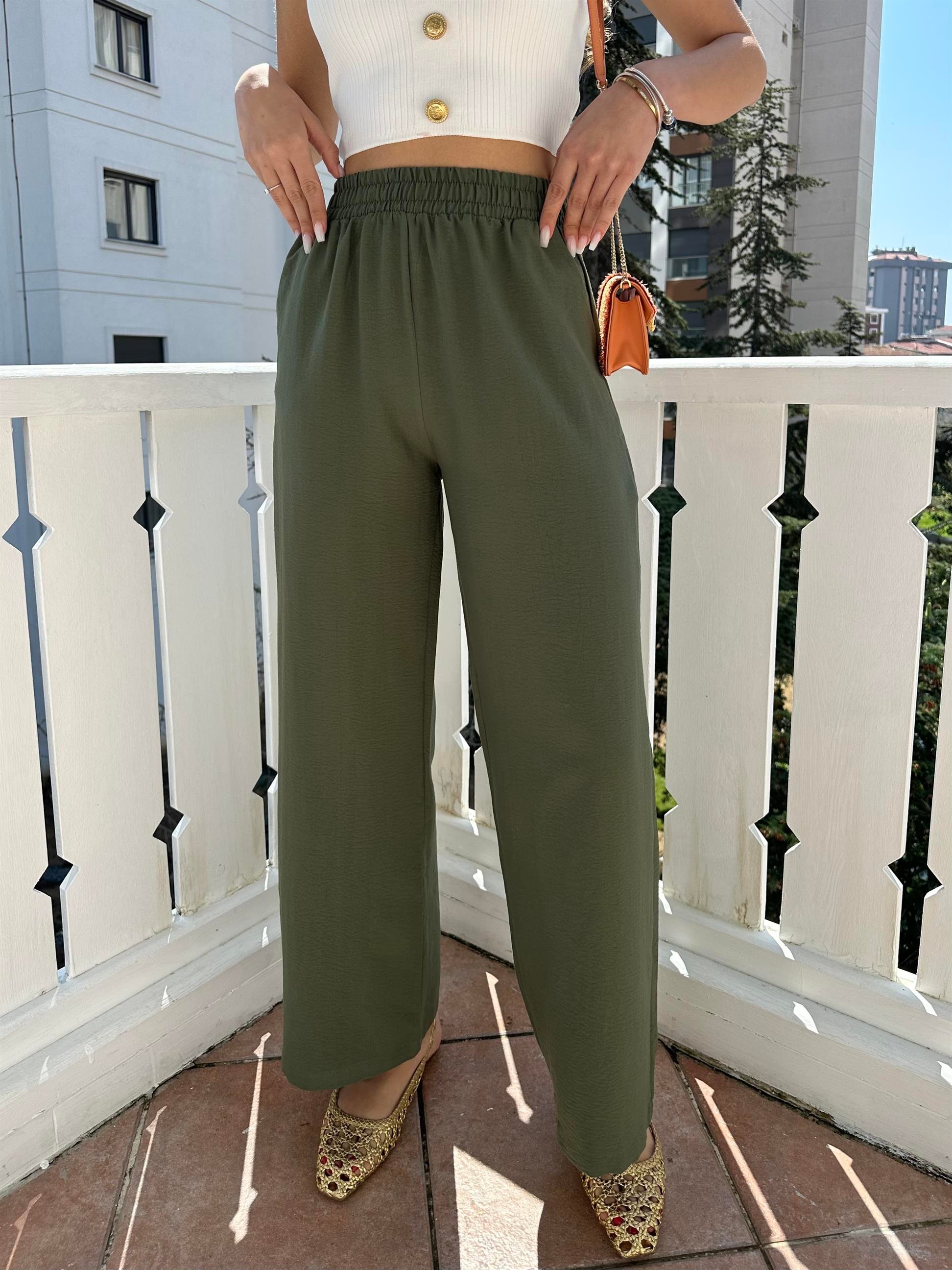Haki  Beli Lastikli Geniş Paça Pantolon