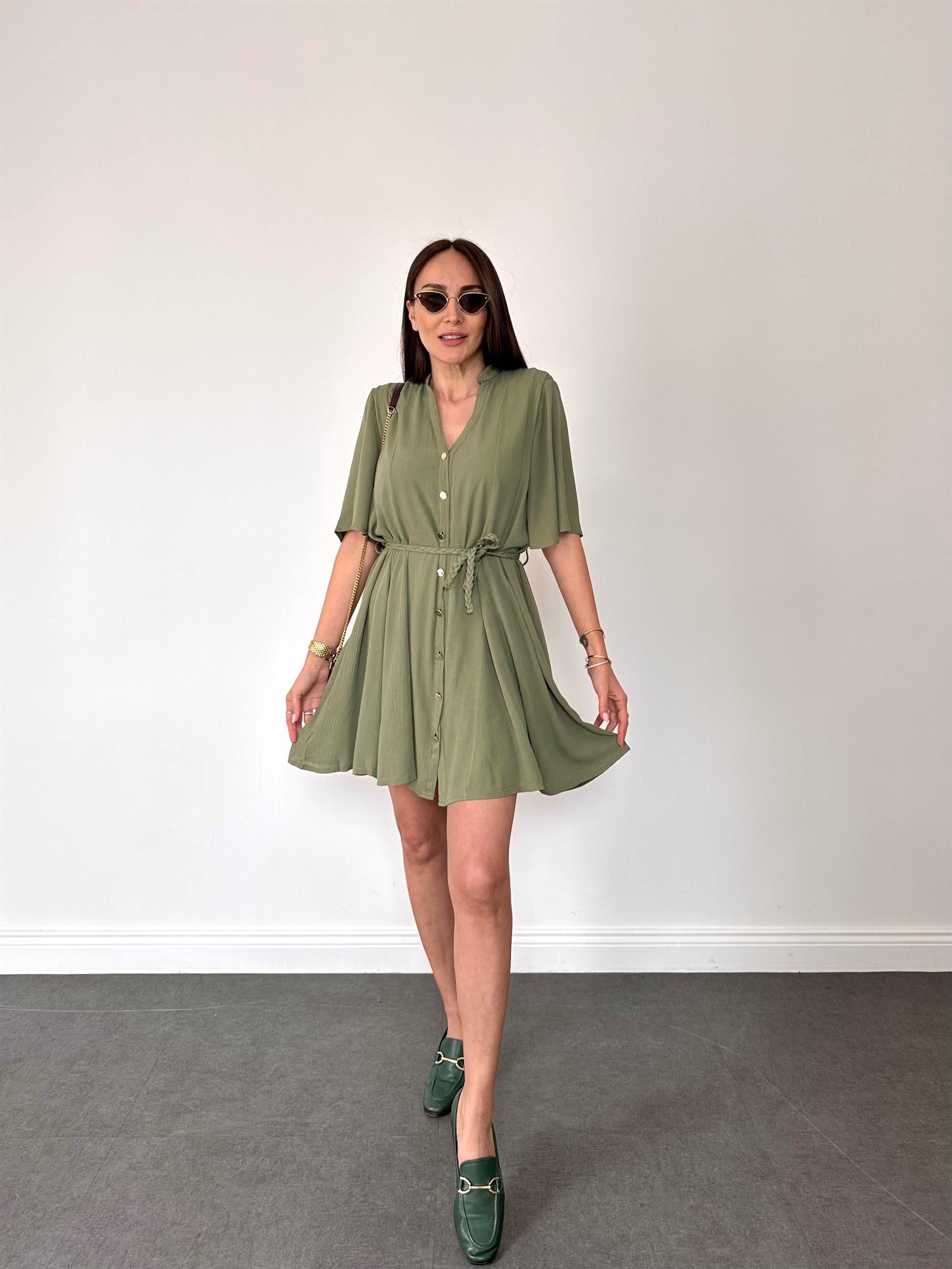 Haki  Krinkıl Mendil Elbise