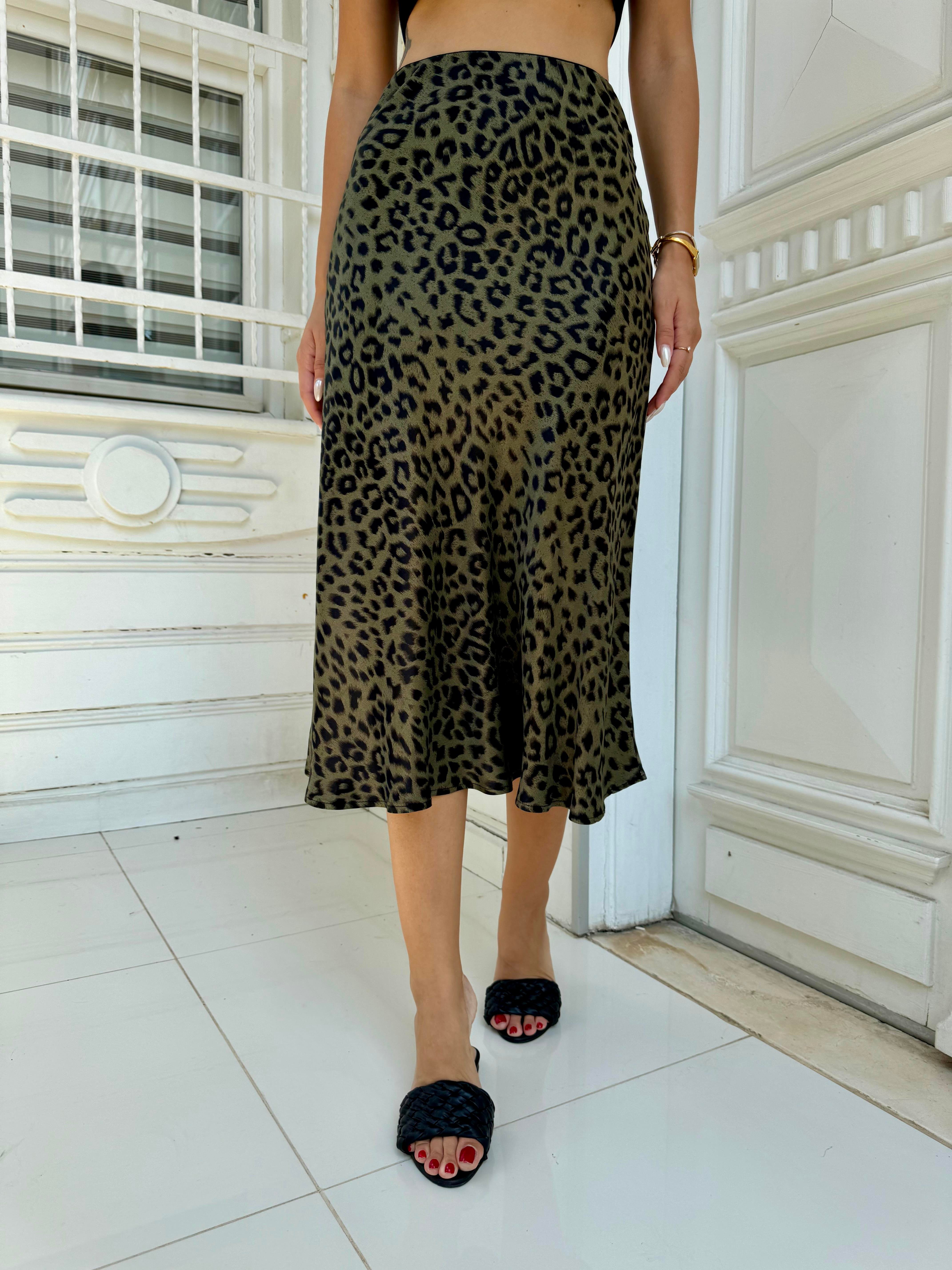 Haki Leopar Saten Midi Etek