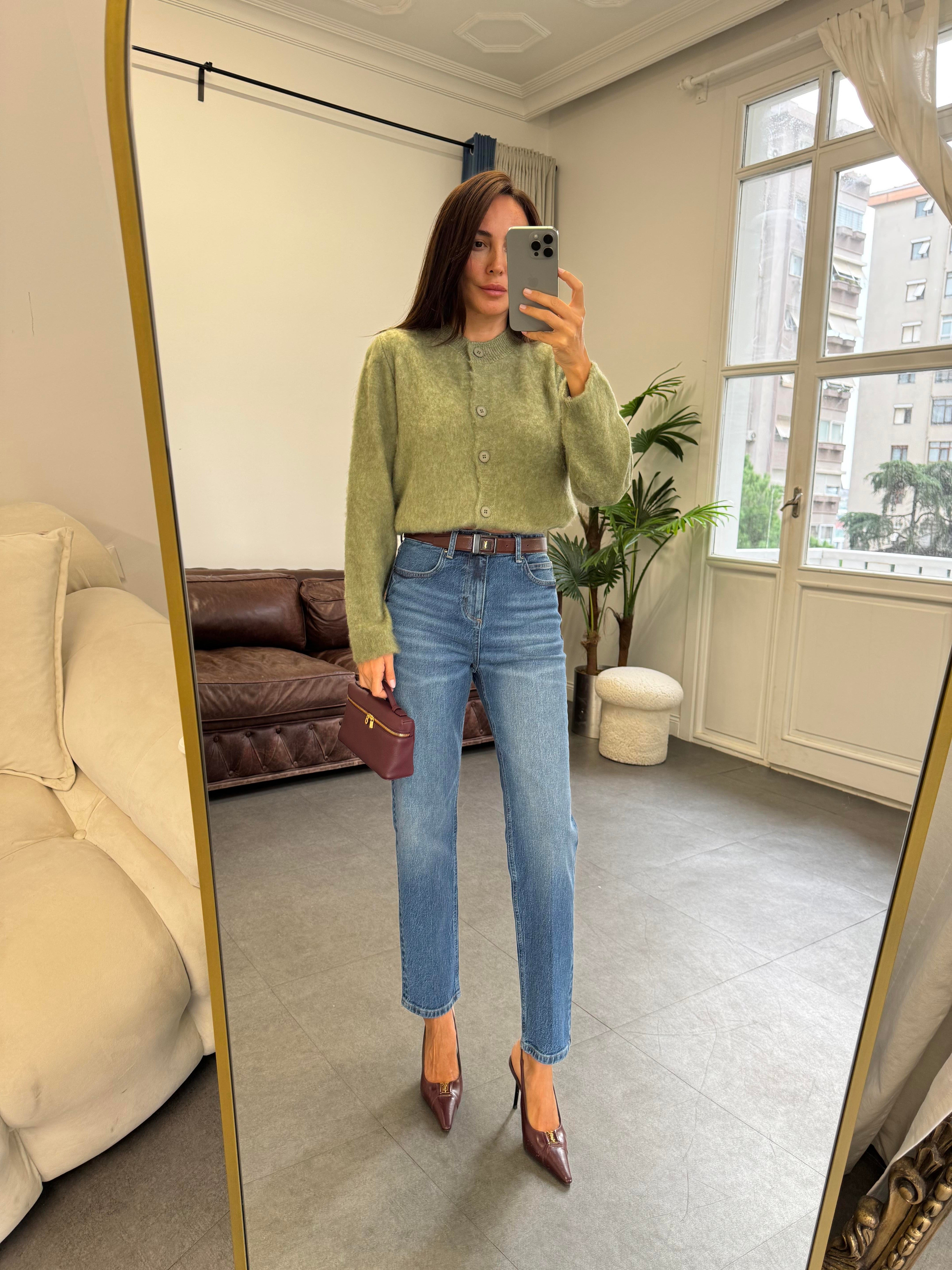 Haki Sıfır Yaka Sakallı Hırka