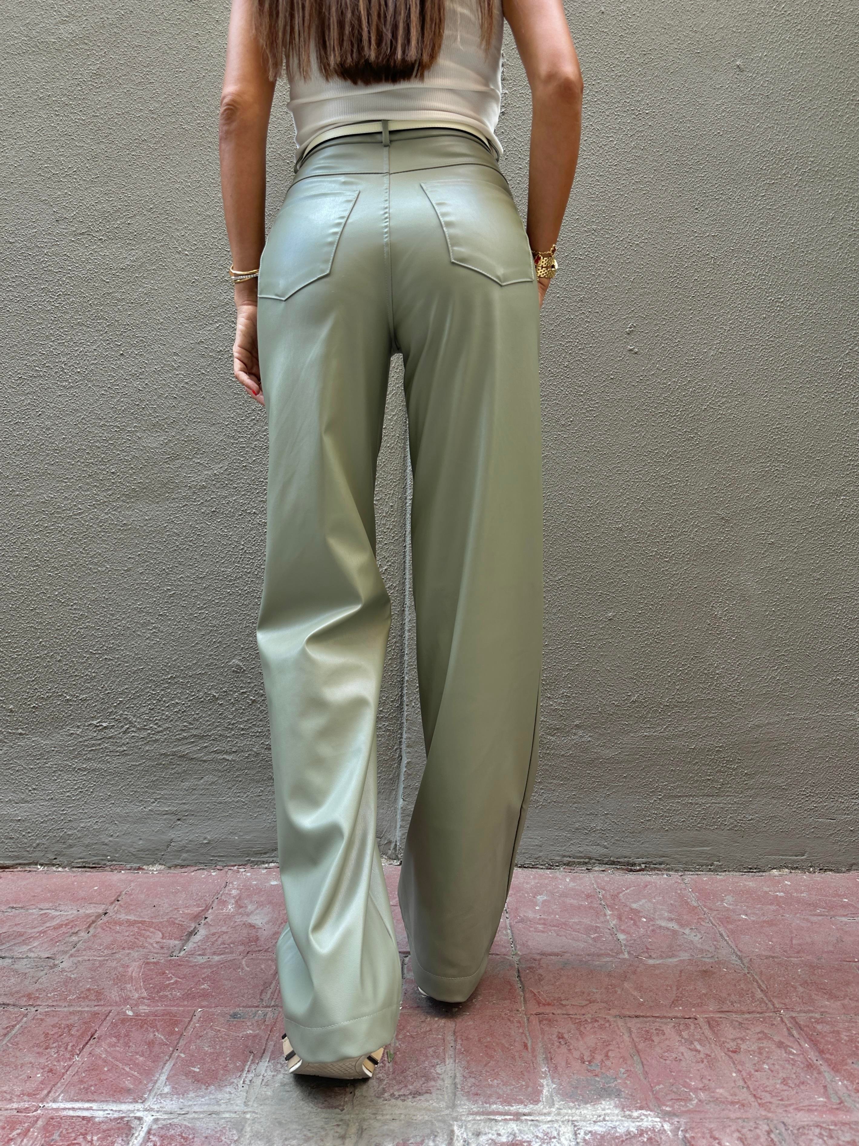 Haki Wide-Leg Deri Pantolon