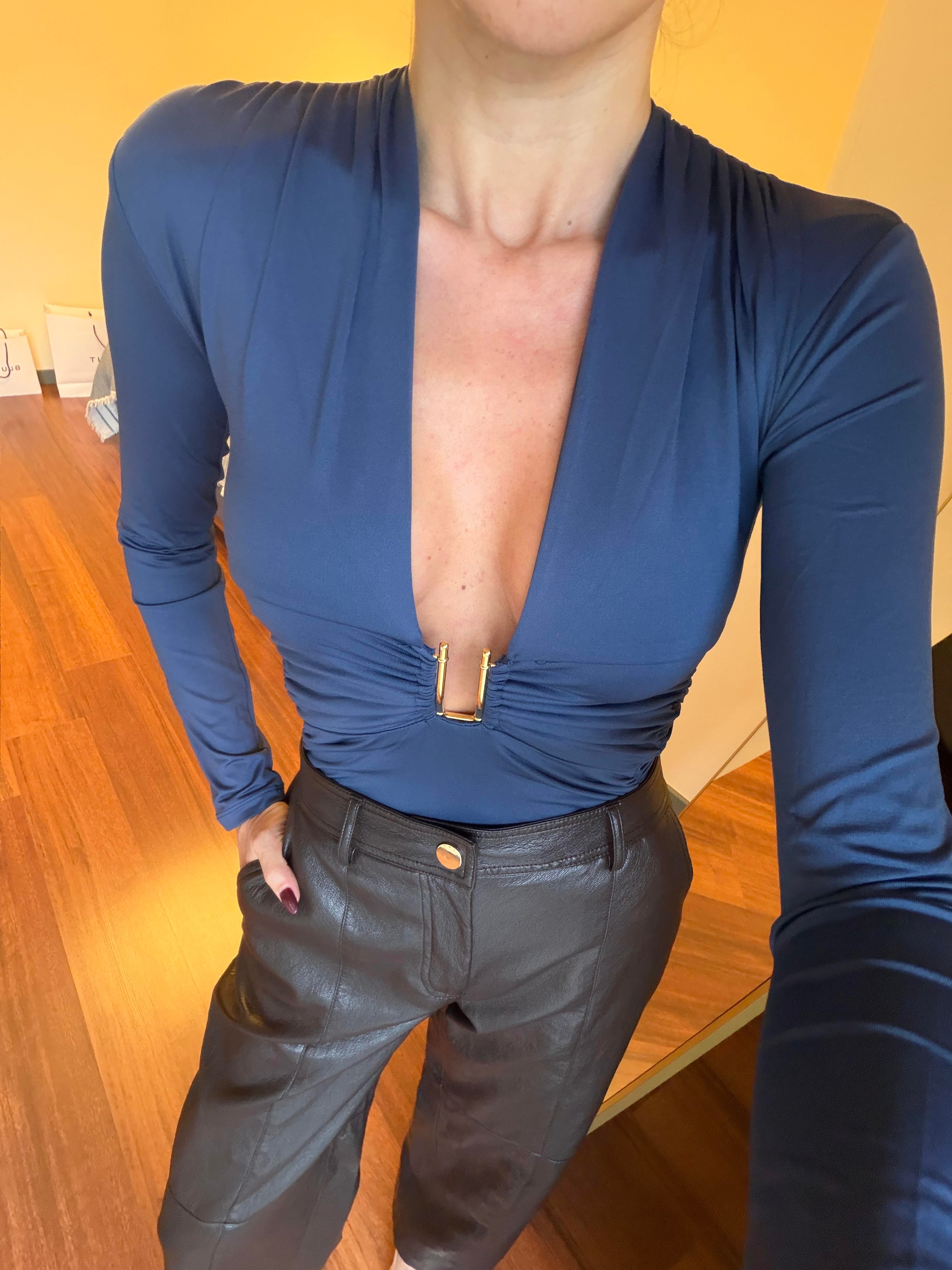 İndigo Mavi Derin V Yaka Bodysuit