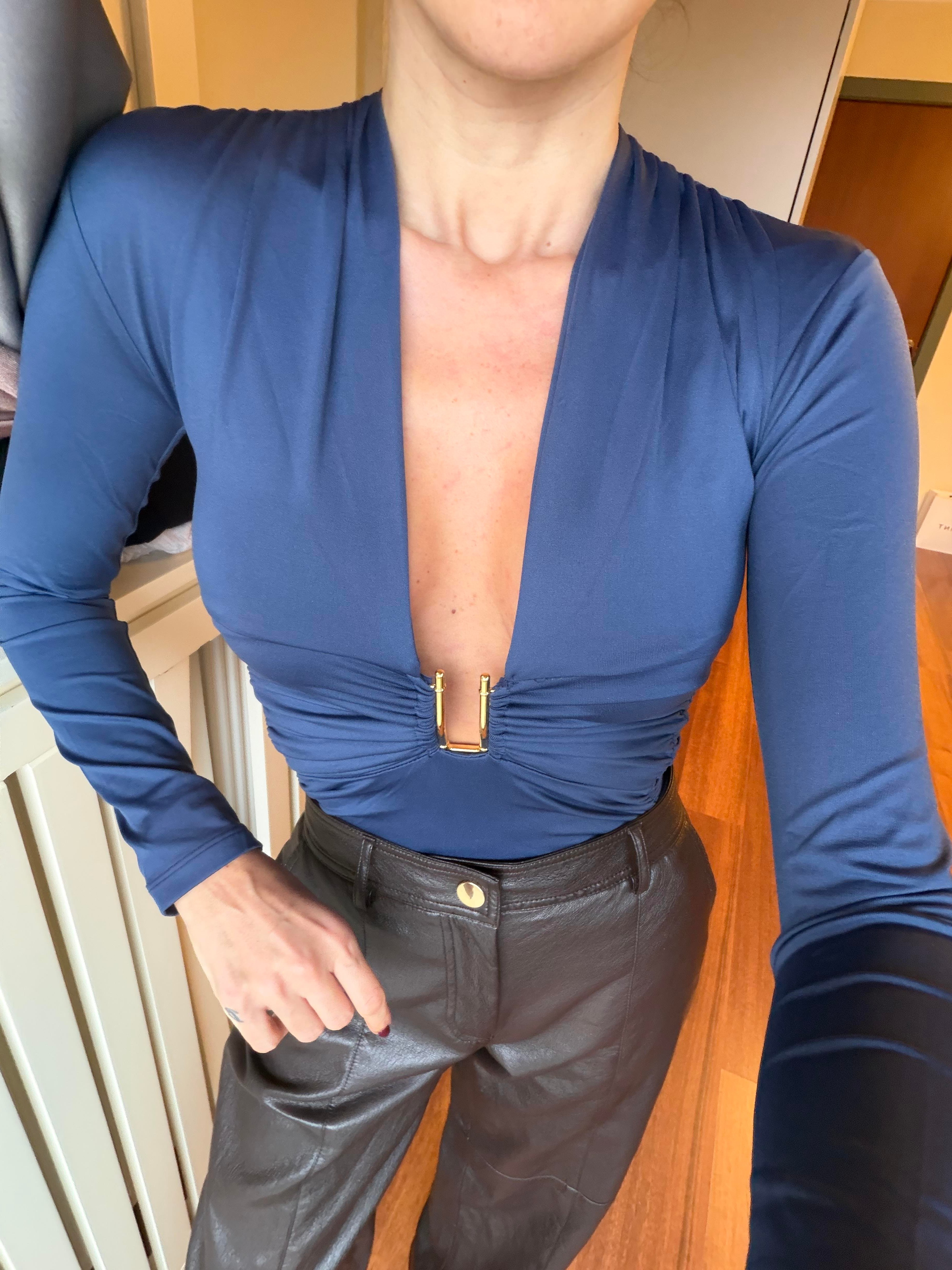 İndigo Mavi Derin V Yaka Bodysuit