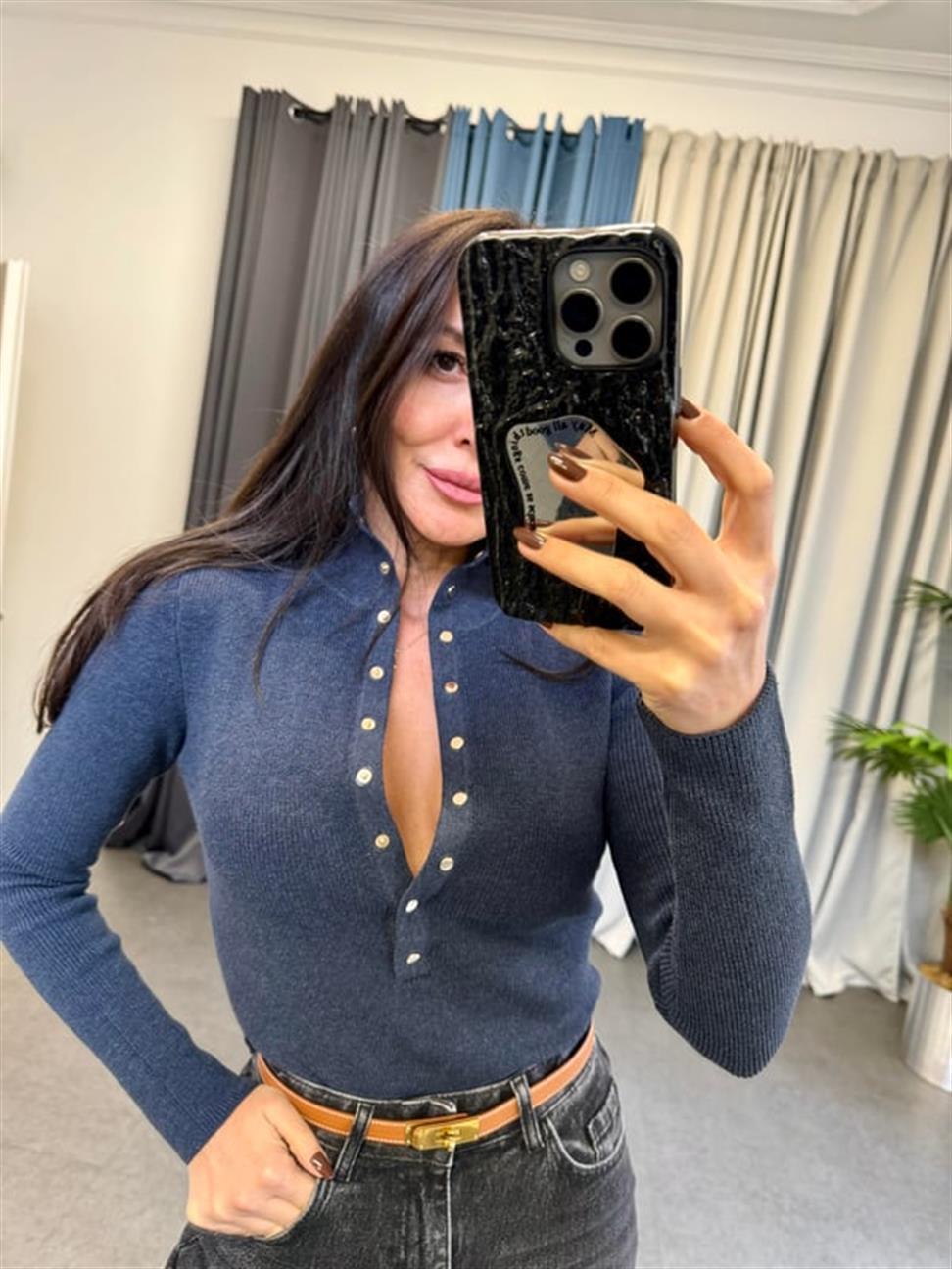 İndigo Mavi Dik Yaka Çıtçıtlı Triko Kazak