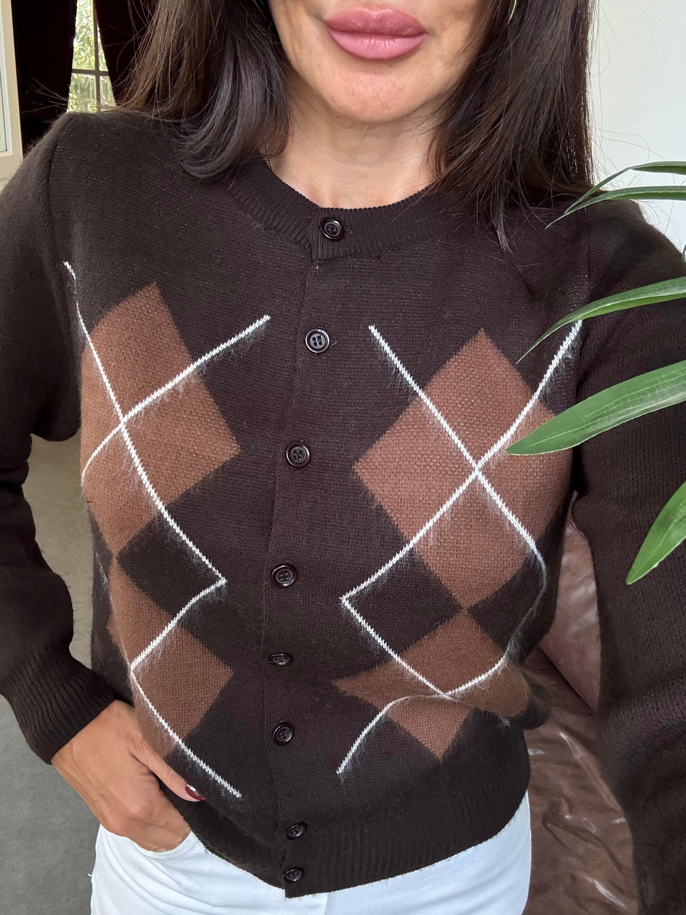 Kahve Baklavalı Triko Hırka