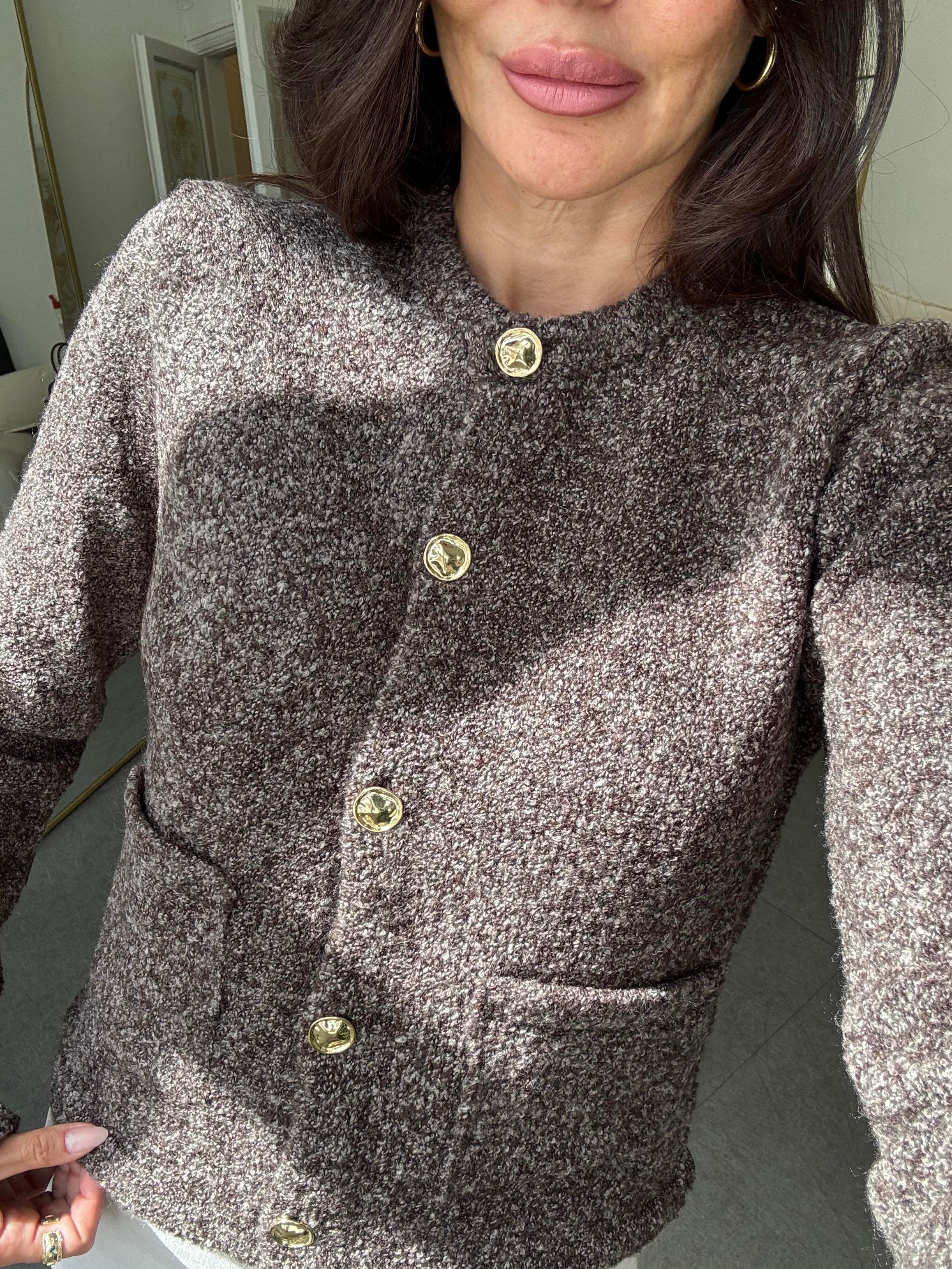 Kahve Bisiklet Yaka Buklet Cepli Düğmeli Triko Hırka