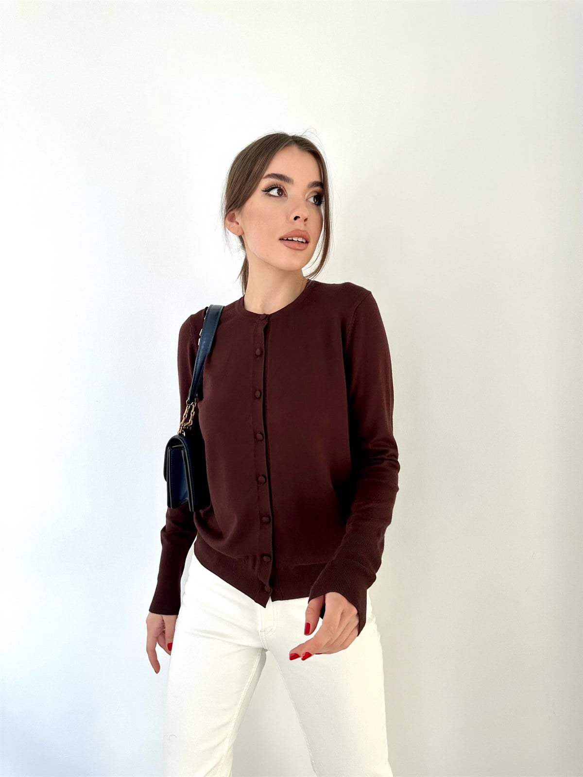 Kahve  Bisiklet Yaka Düğmeli Basic Hırka