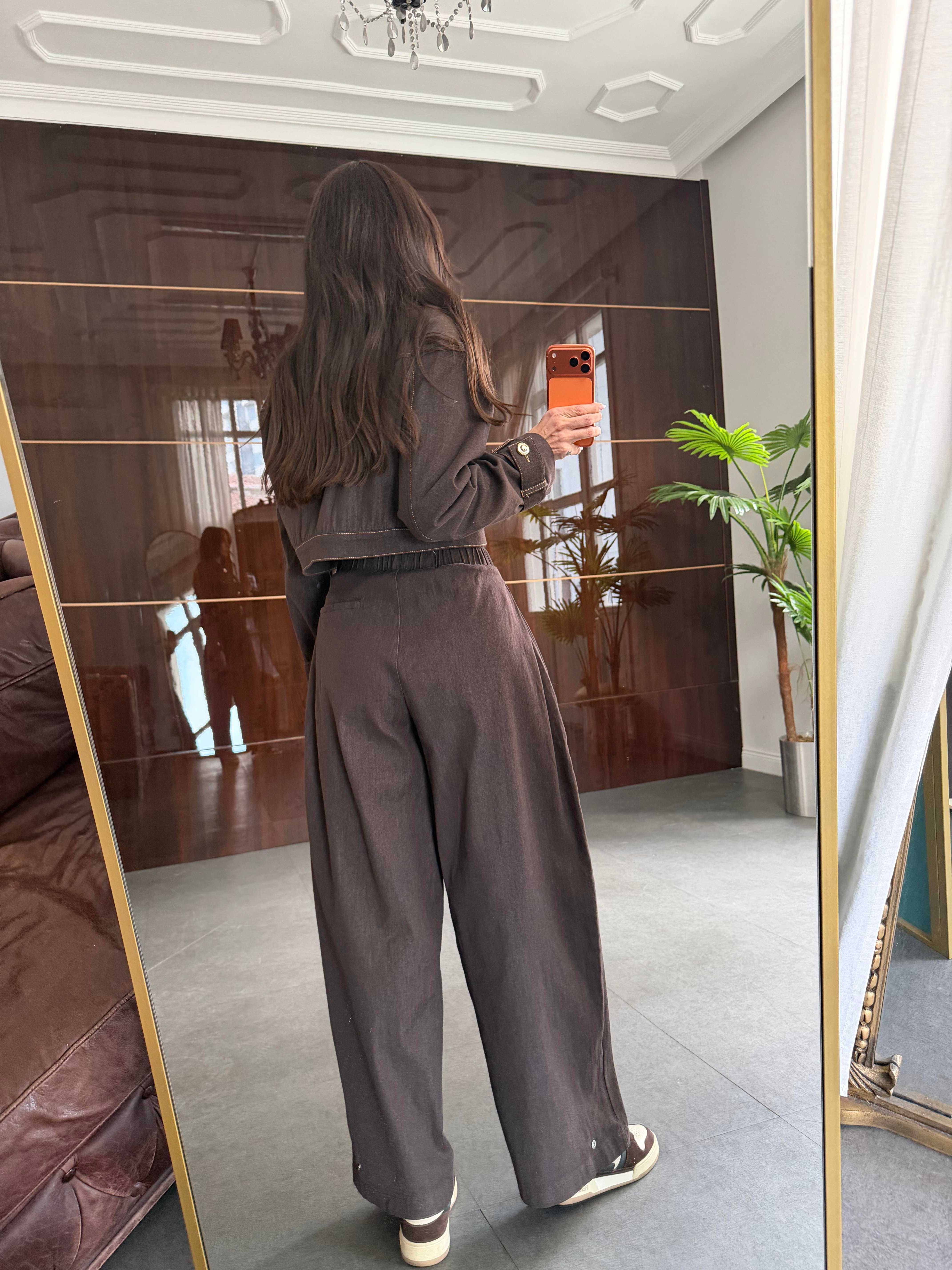 Kahve Bol Kesim Denim Pantolon