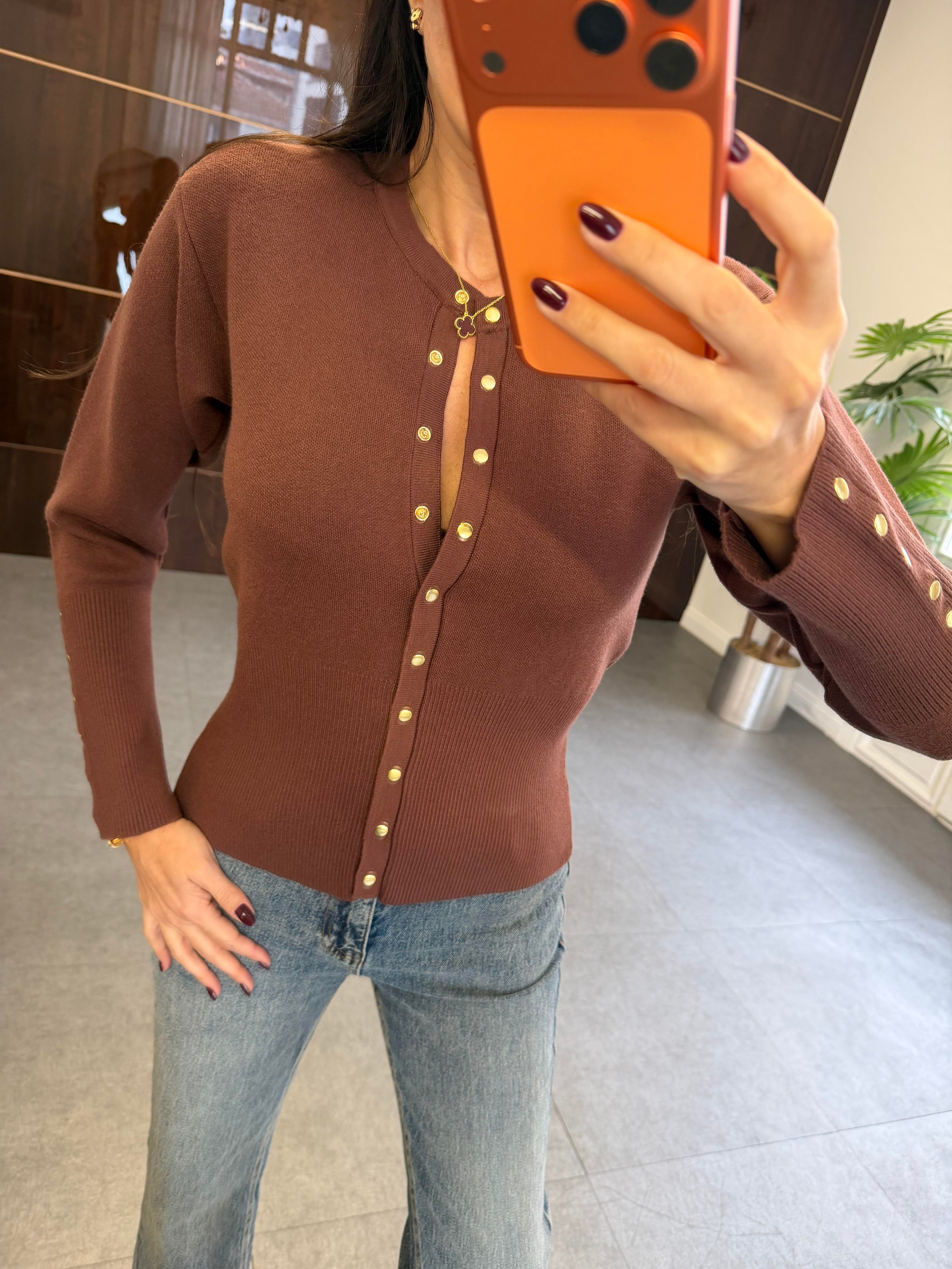 Kahve Çıtçıtlı Triko Hırka