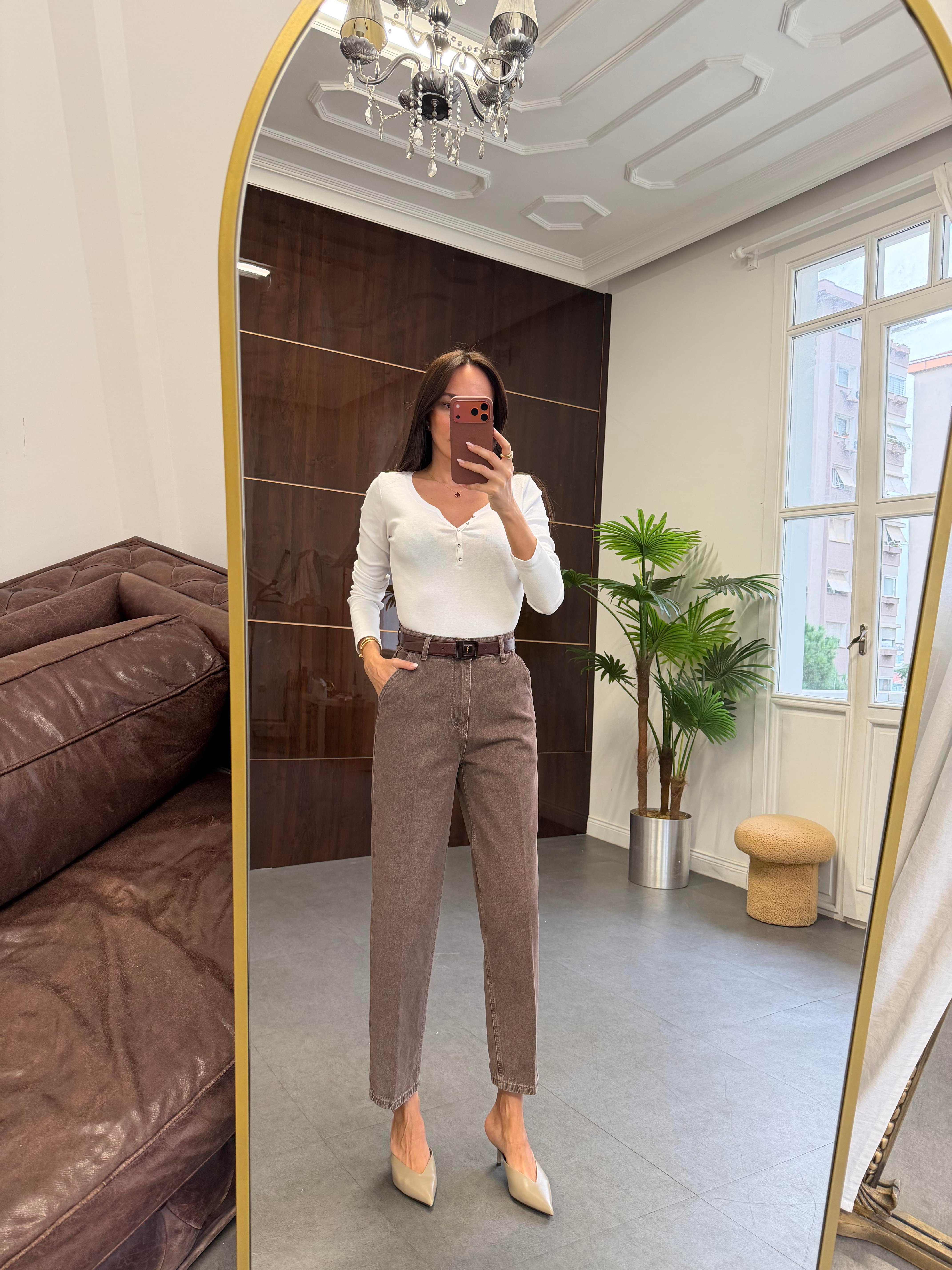 Kahve Çizgi Ütü İzli Skater Jean Pantolon