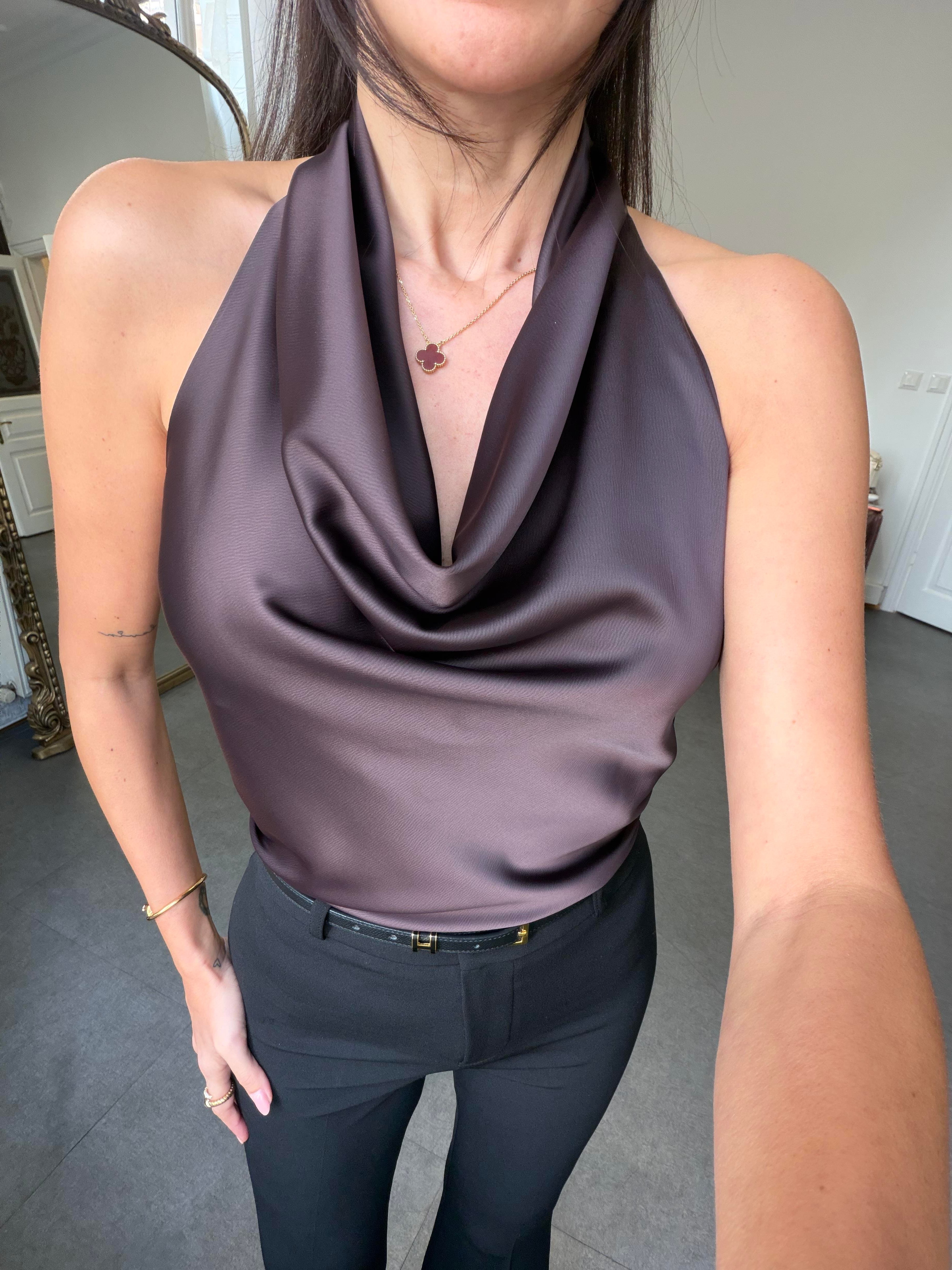 Kahve Degaje Yaka Saten Bluz