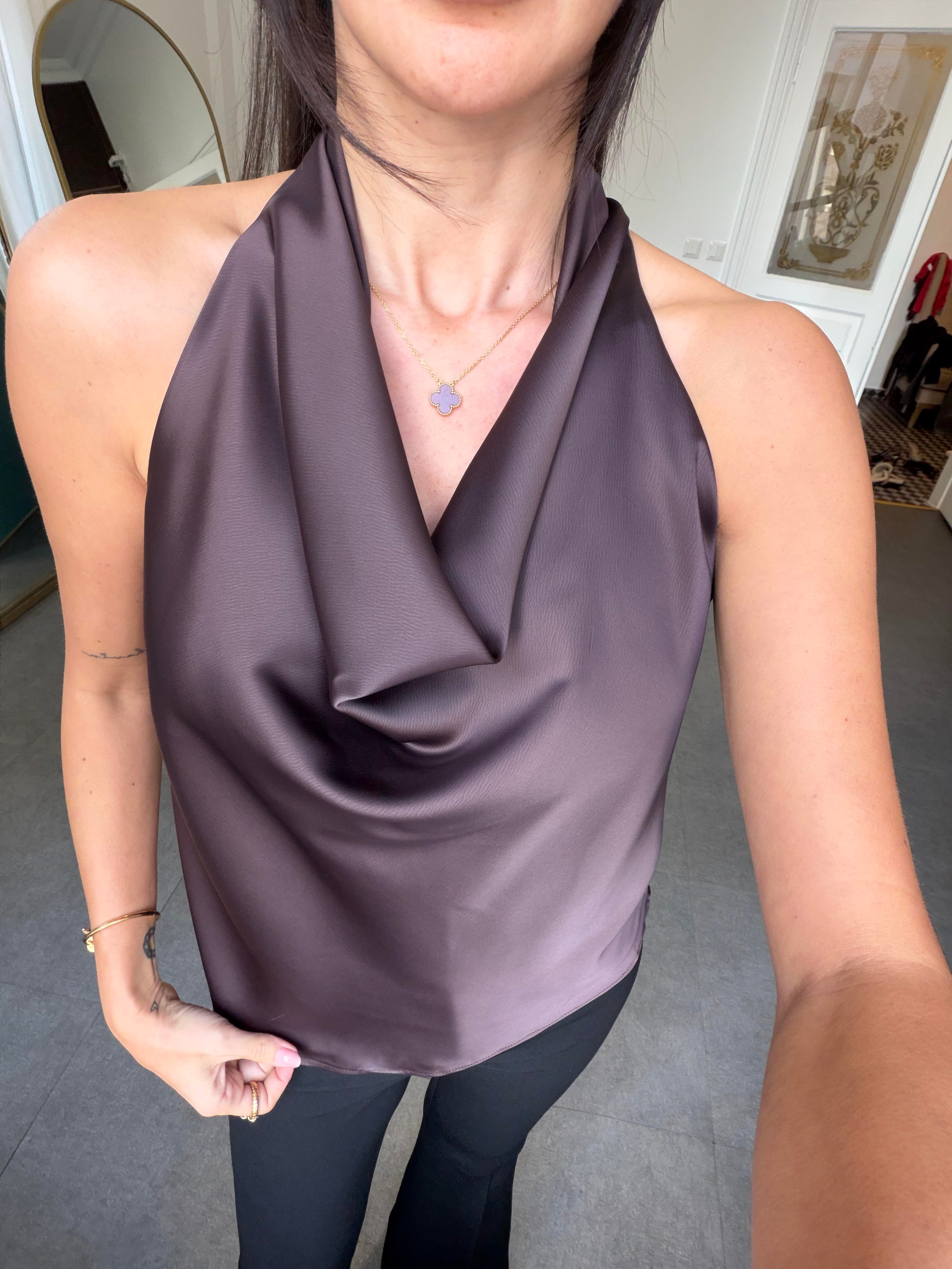 Kahve Degaje Yaka Saten Bluz