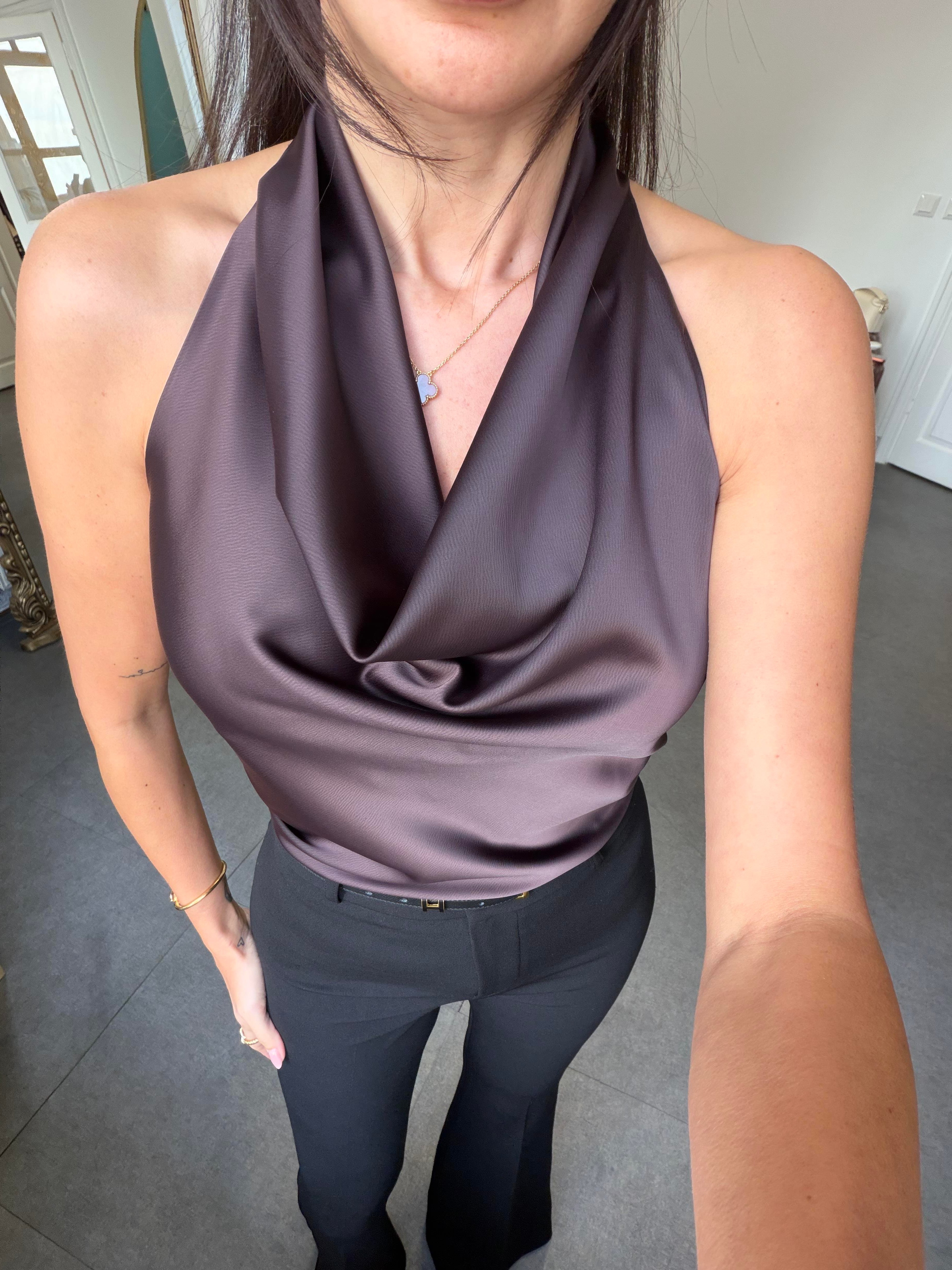 Kahve Degaje Yaka Saten Bluz