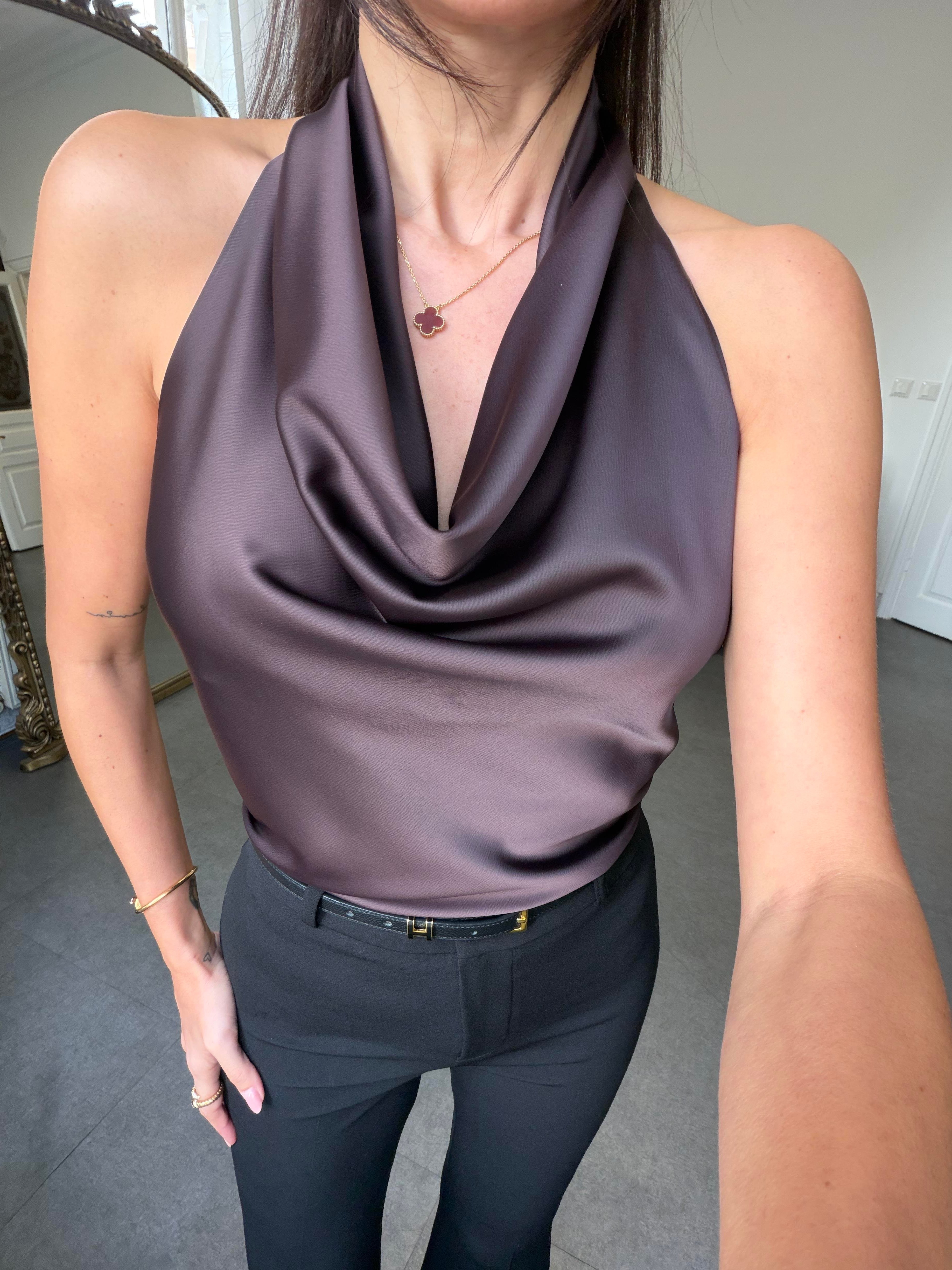 Kahve Degaje Yaka Saten Bluz