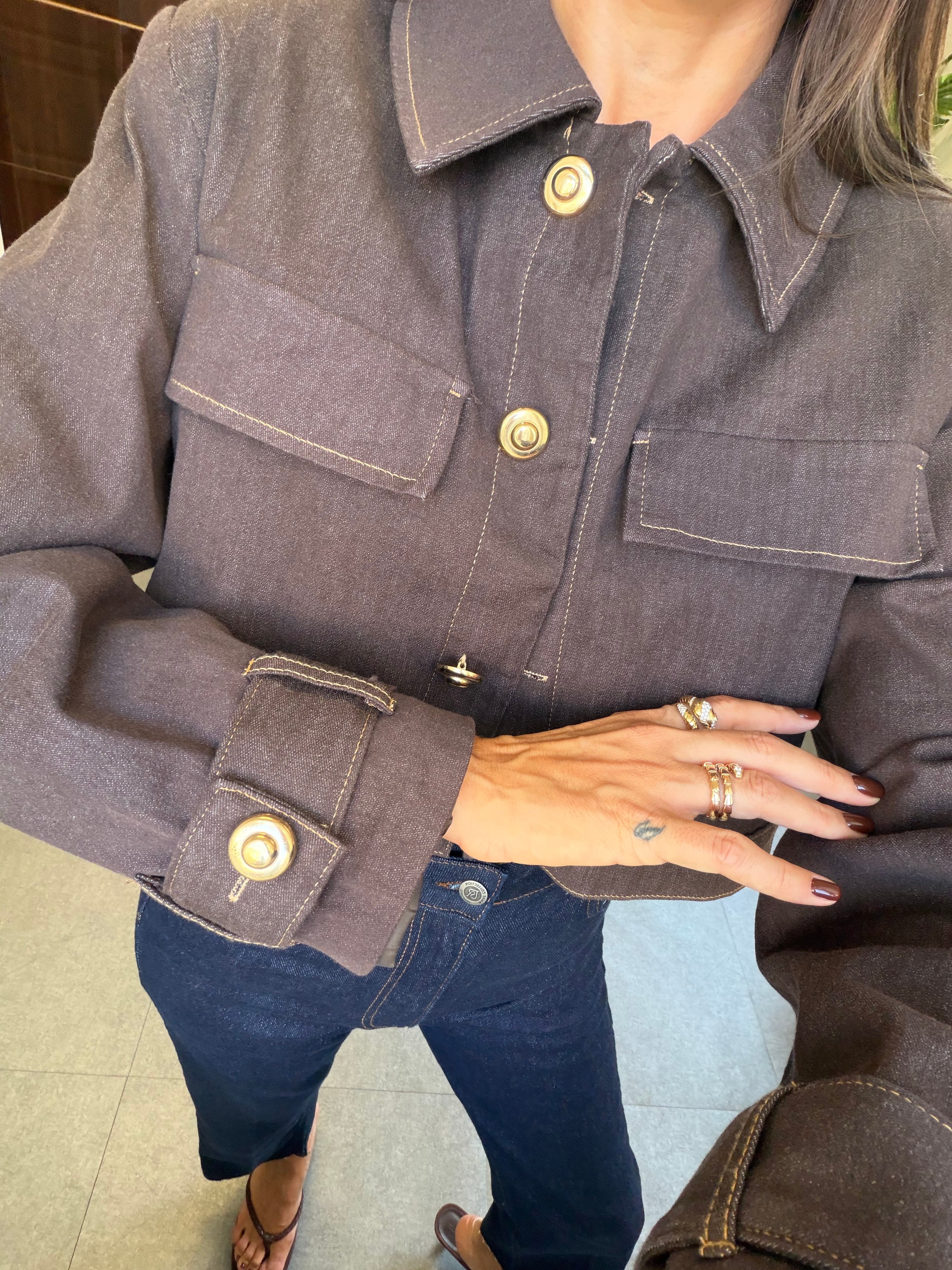 Kahve Denim Düğmeli Ceket