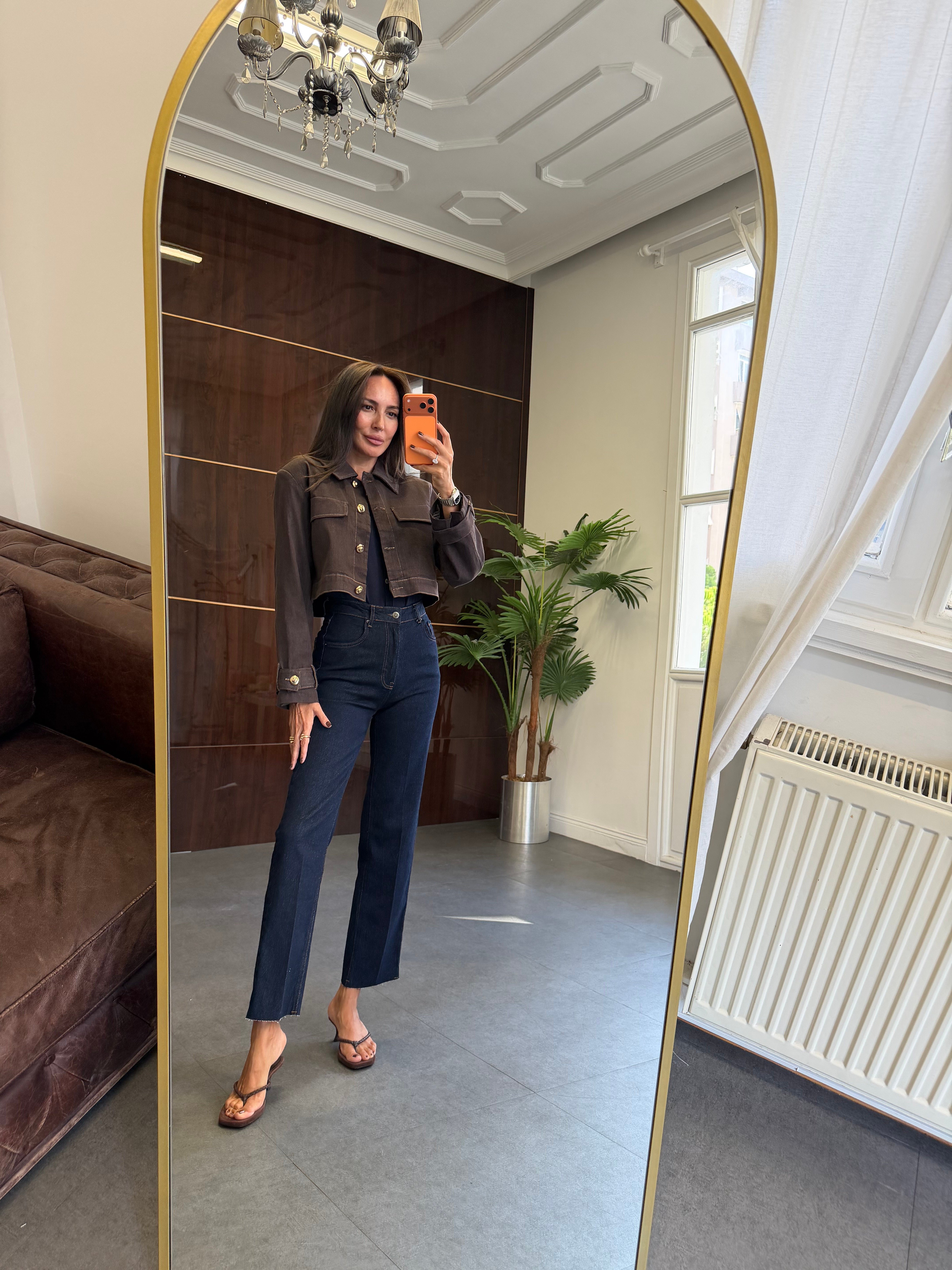 Kahve Denim Düğmeli Ceket
