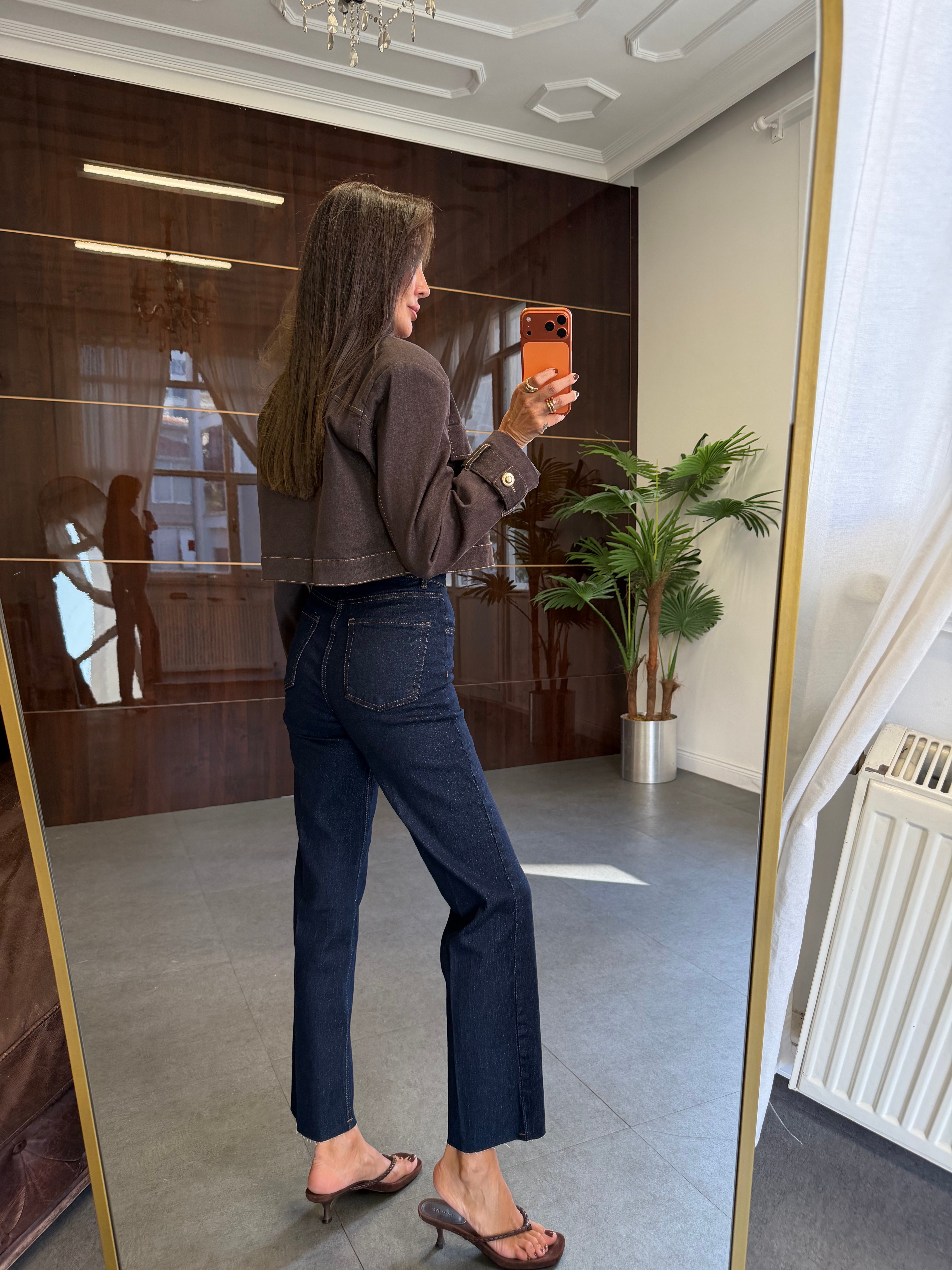 Kahve Denim Düğmeli Ceket