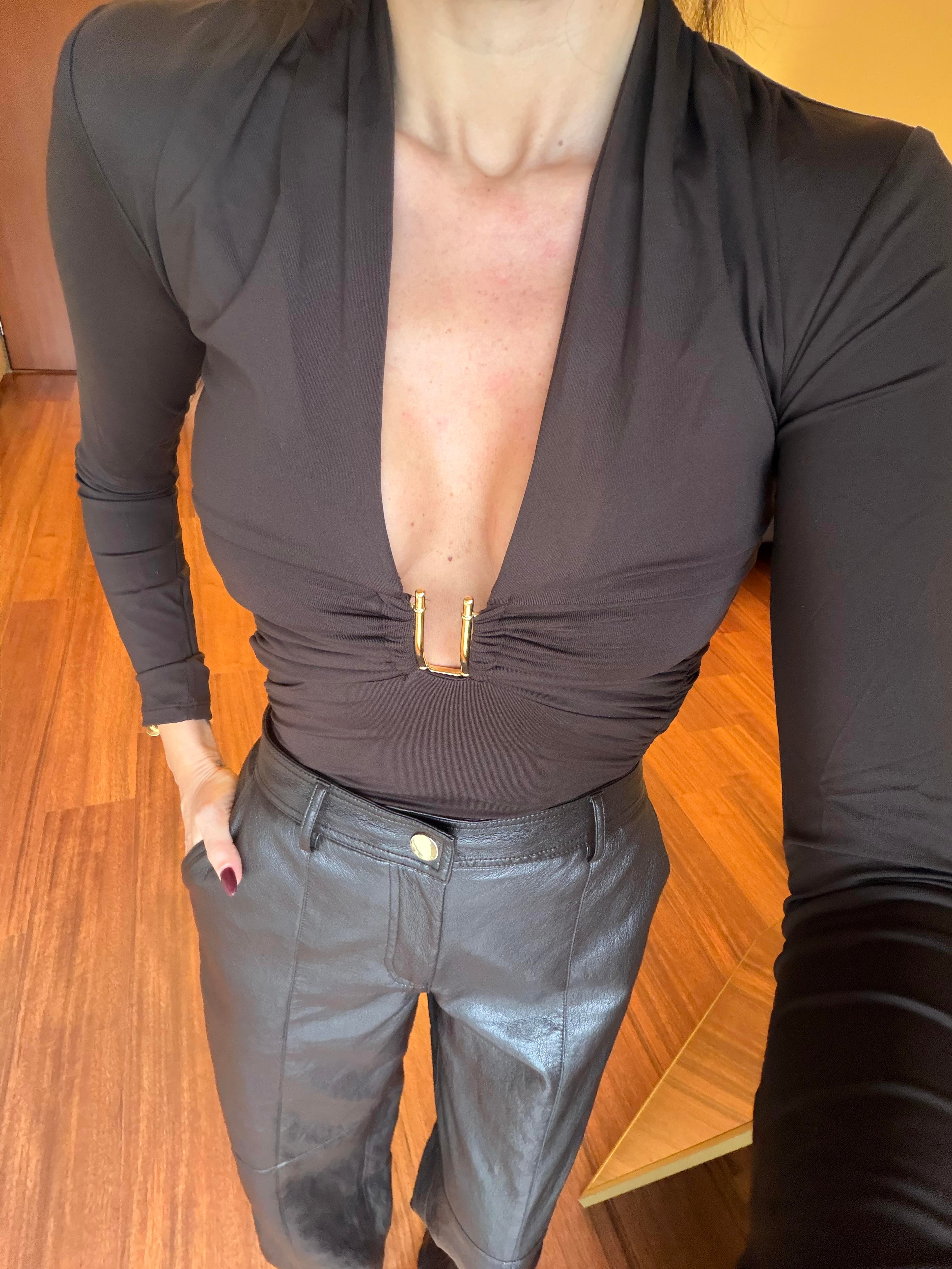 Kahve Derin V Yaka Bodysuit
